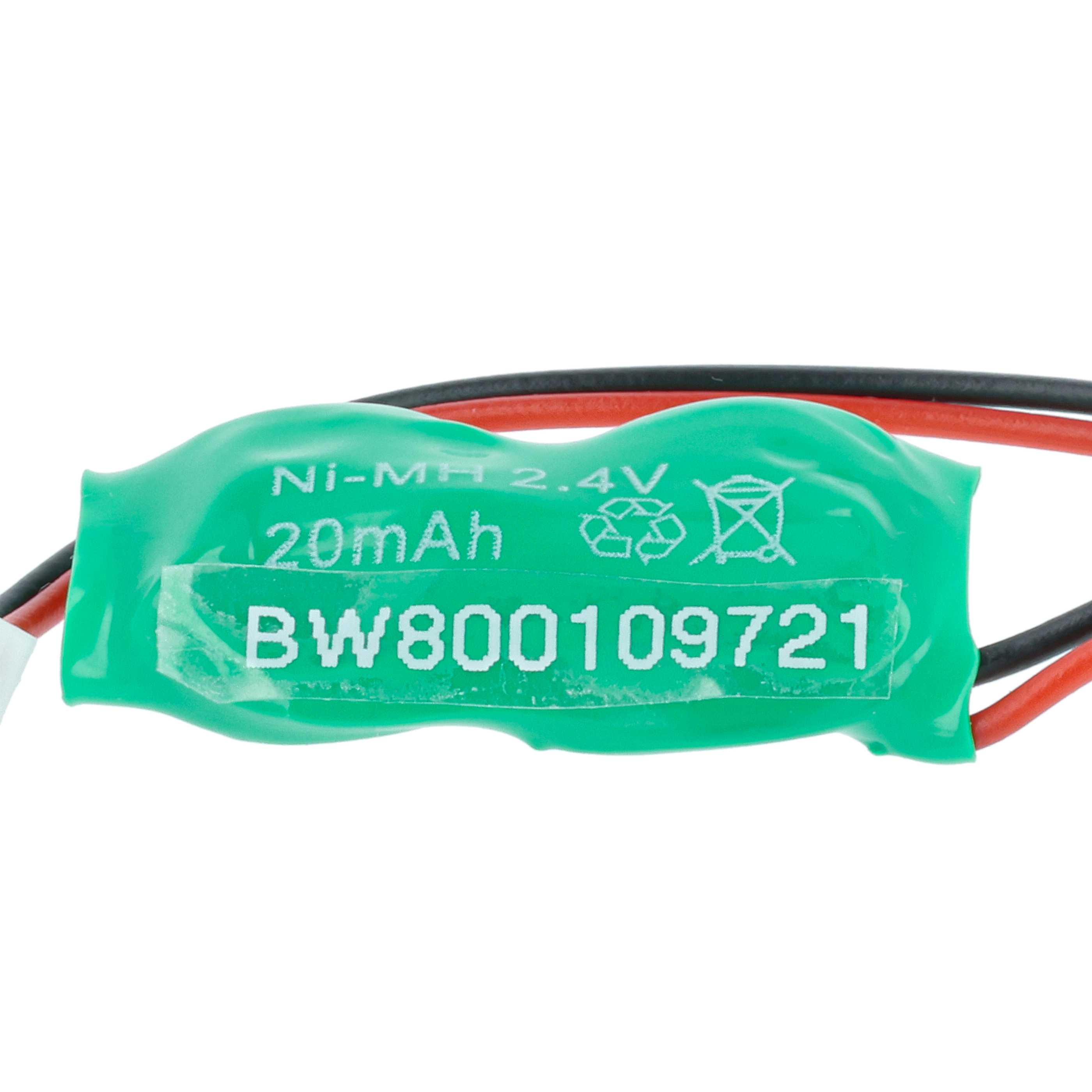 Grüner Ni-MH 2.4V 20mAh Akku mit rotem und schwarzem Kabel sowie aufgedruckter Seriennummer.