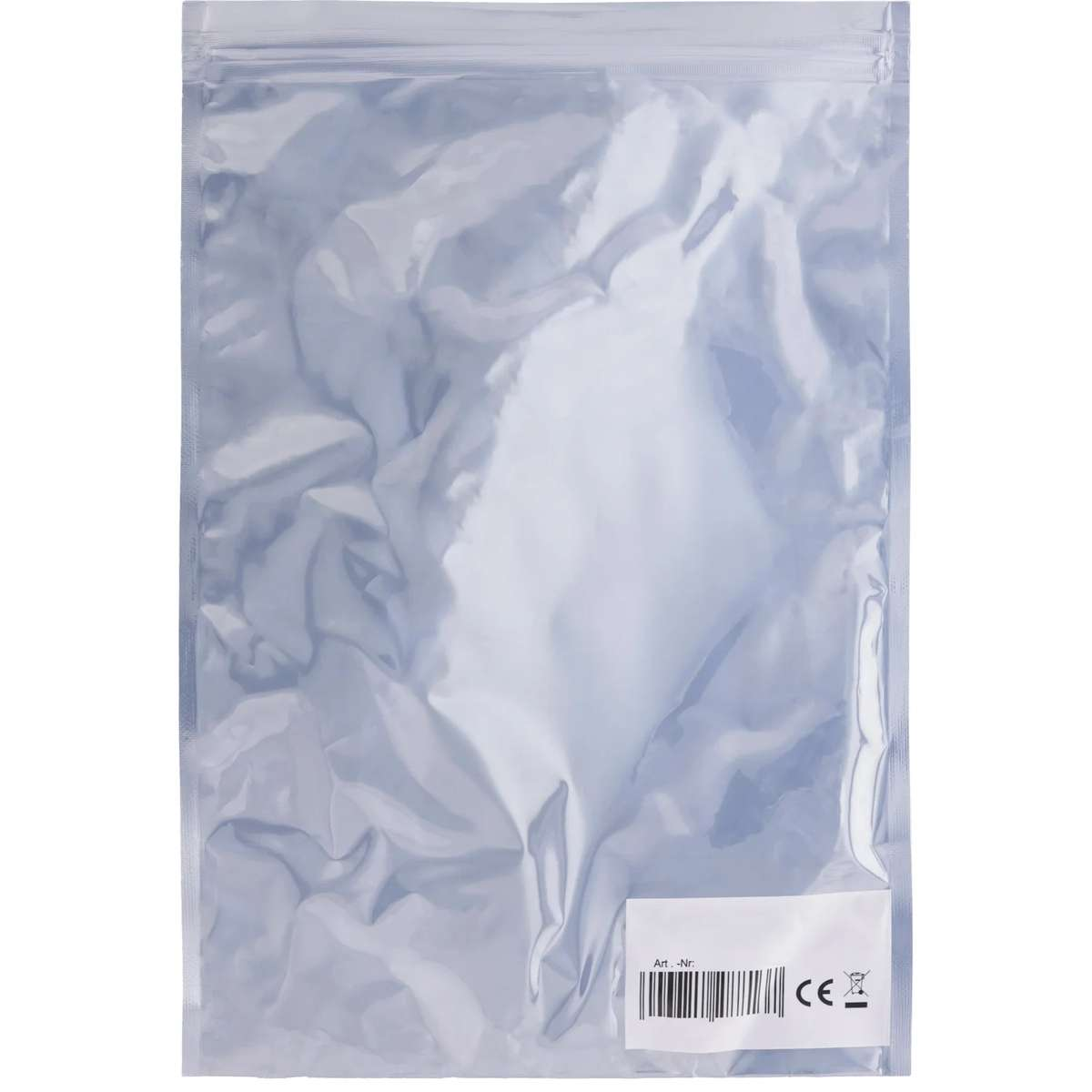 Ein versiegelter, durchscheinender silberner Antistatik-Plastik-Zipbeutel mit einem Barcode-Etikett.