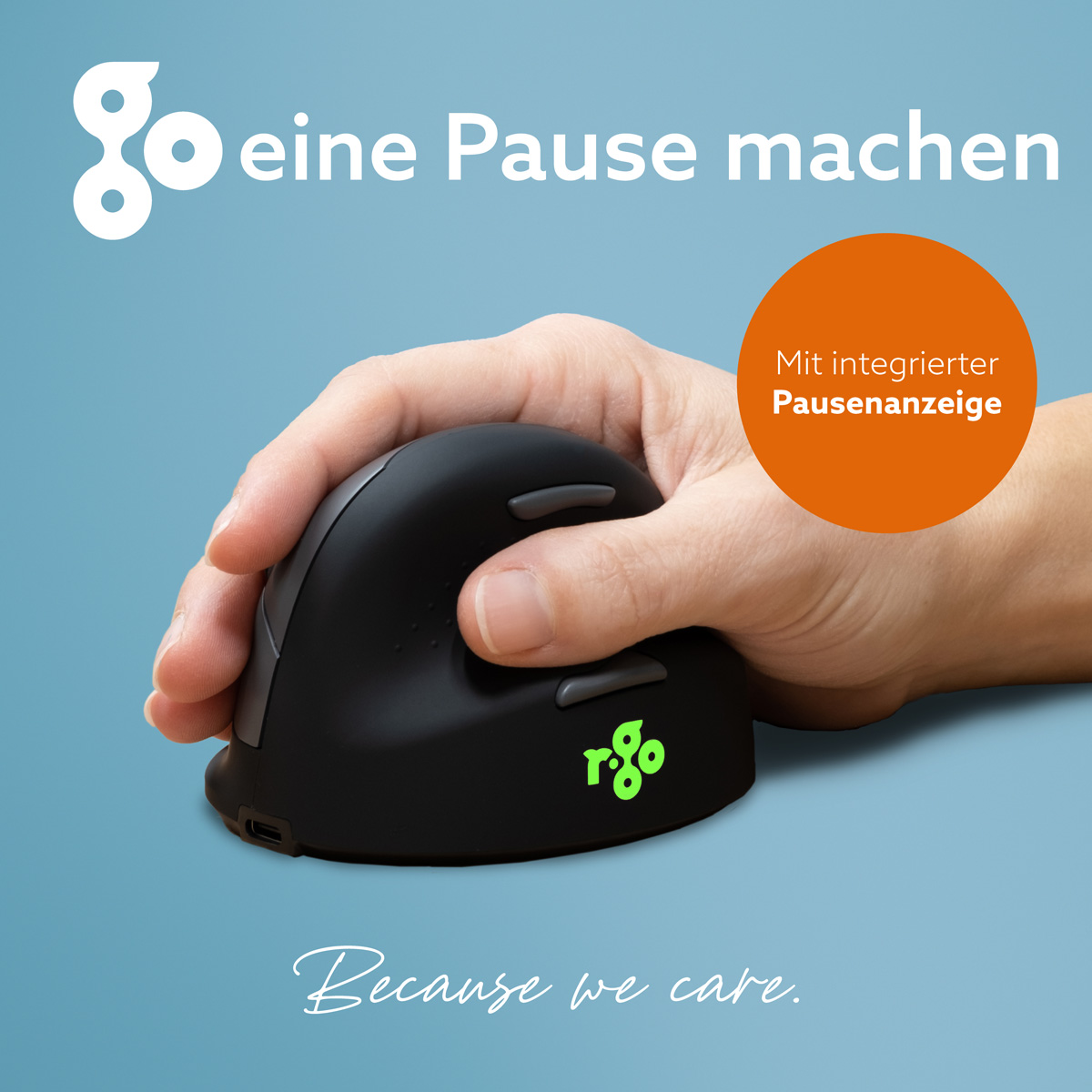 A hand holding a black ergonomic vertical mouse on a blue background with promotional text.