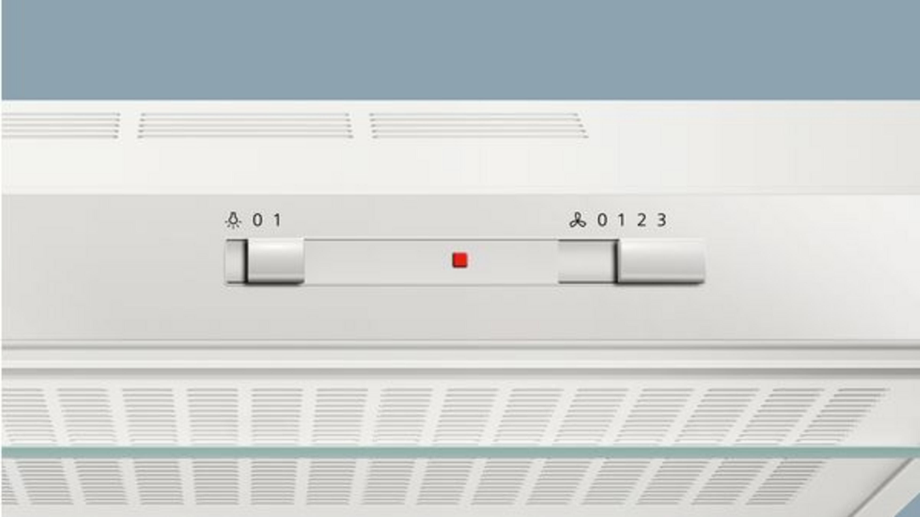Campana extractora blanca con dos controles deslizantes para luz y ventilación y una luz indicadora roja.