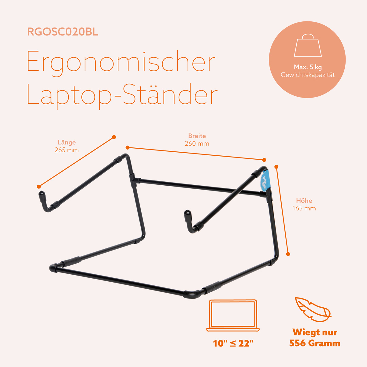 Schwarzer ergonomischer Laptop-Ständer mit Maßen und Produktdetails auf beige Hintergrund.