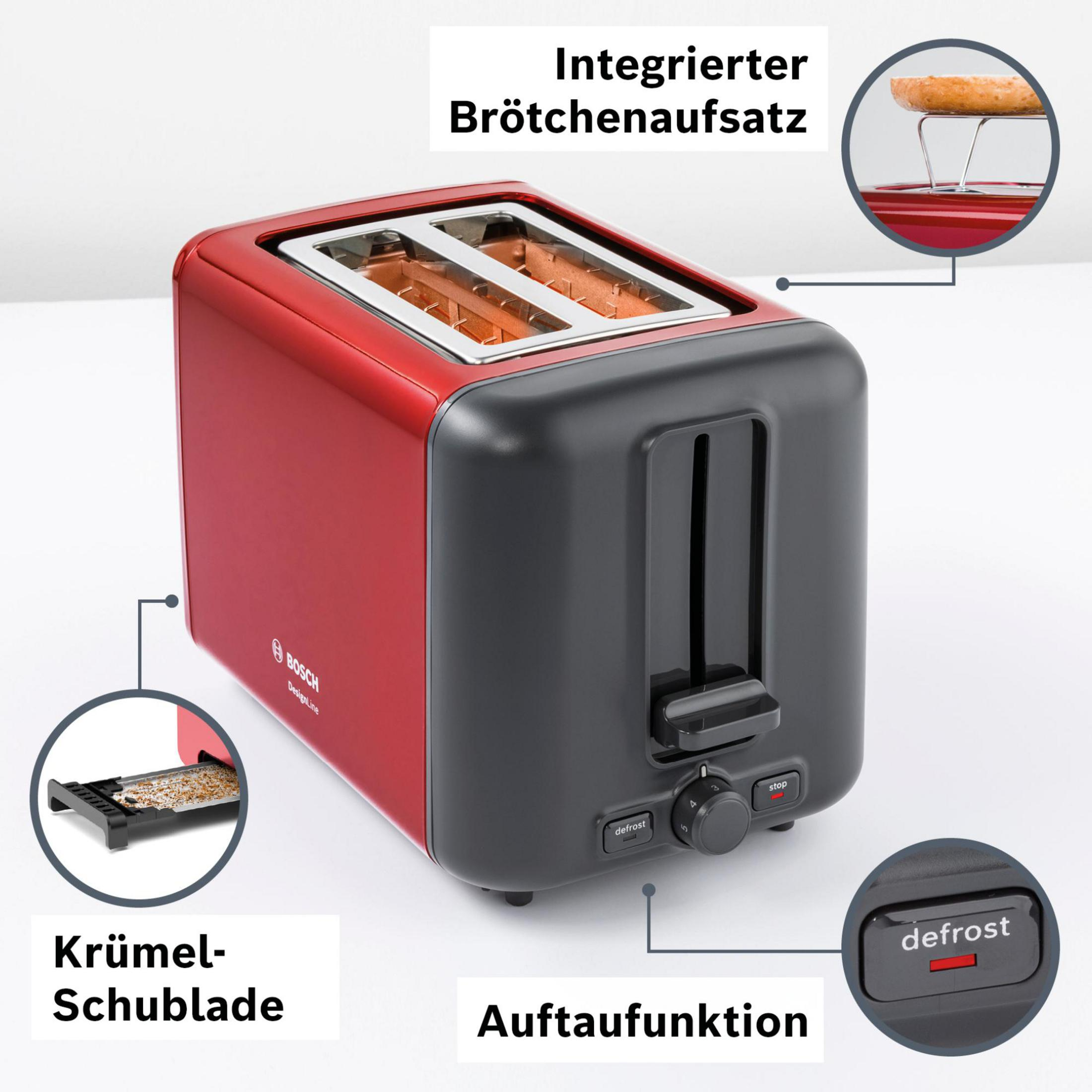 Roter Bosch Toaster mit Krümelschublade, Brötchenaufsatz und Auftaufunktion.