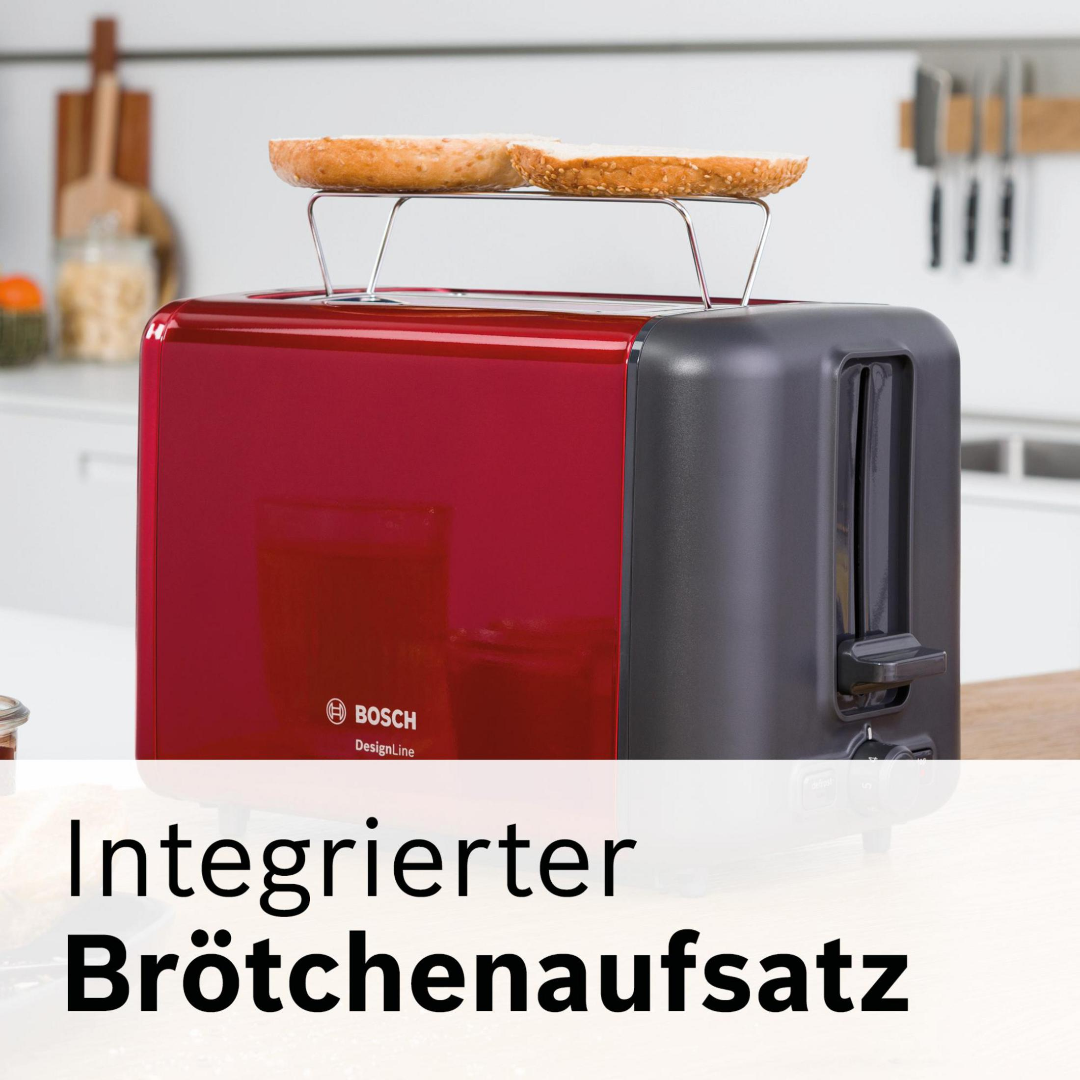 Roter Bosch-Toaster mit integriertem Brötchenaufsatz auf einer Küchentheke.