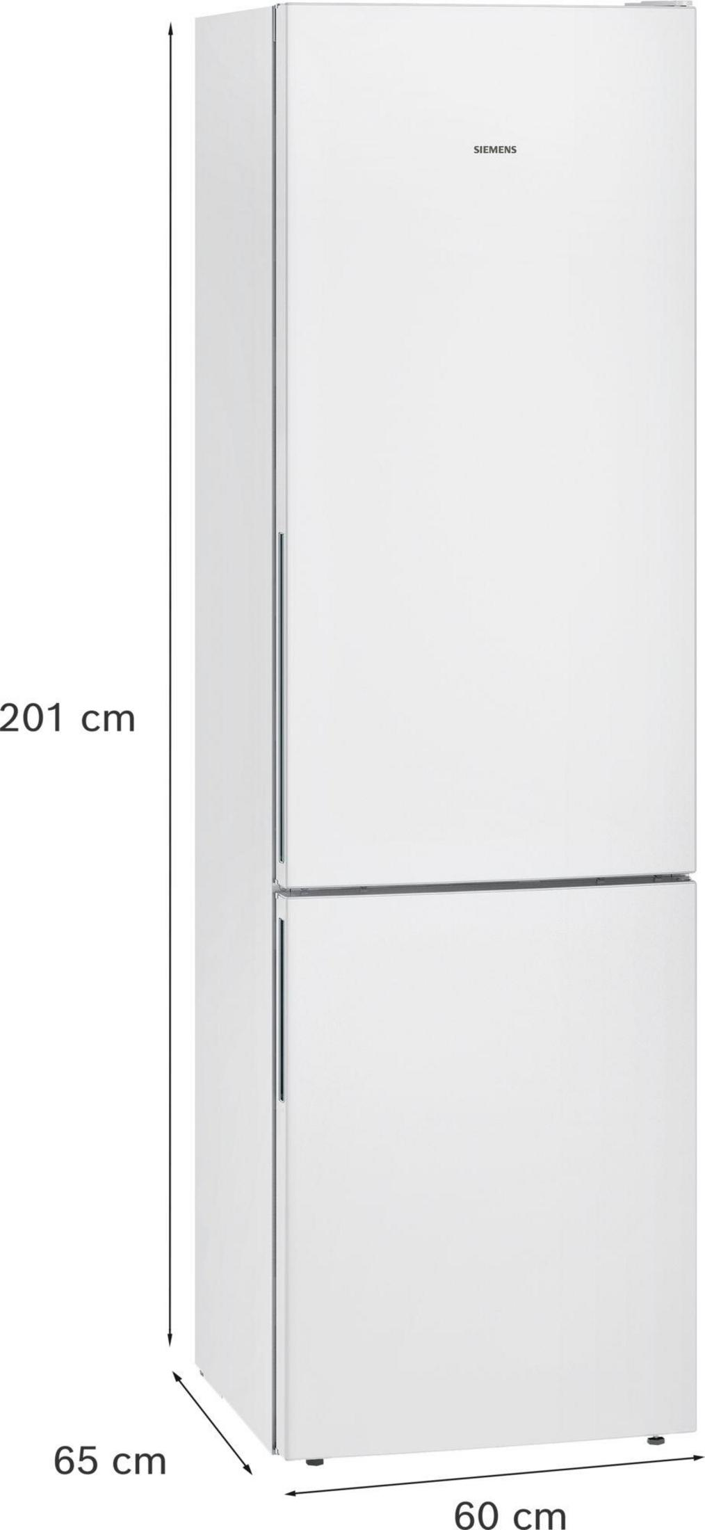 Weißer Siemens-Kühlschrank mit Abmessungen von 201x60x65 cm auf weißem Hintergrund.