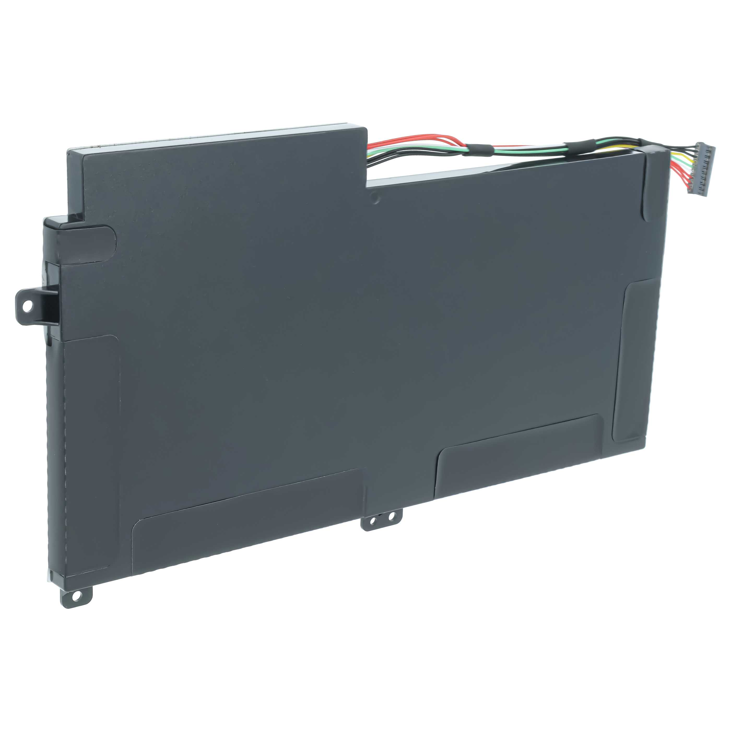 Ein schwarzer, rechteckiger Laptop-Akku mit bunten Kabeln und einem Stecker auf weißem Hintergrund.