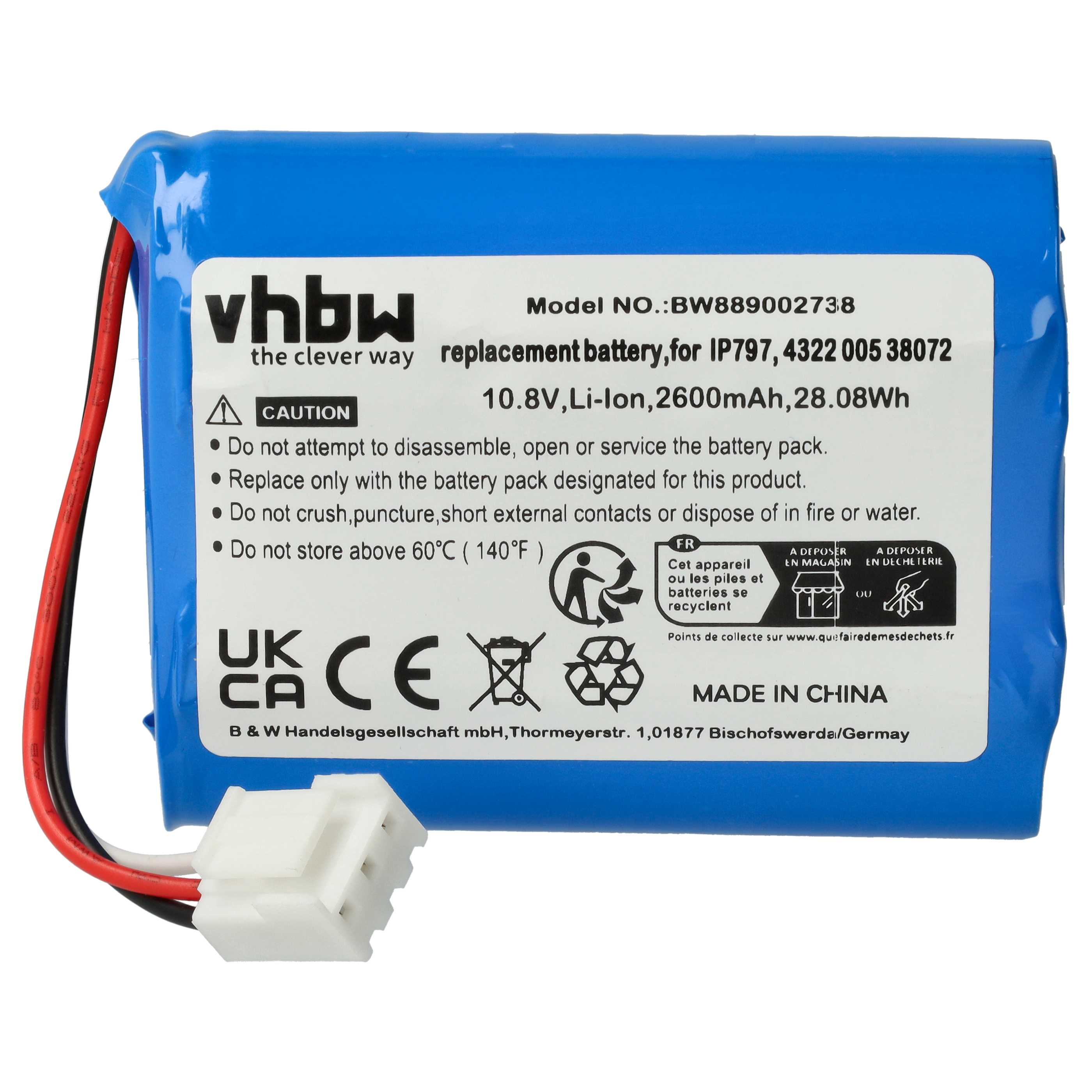 Ein blauer vhbw Ersatzakku mit Warnhinweisen, technischen Daten und weißem Stecker.