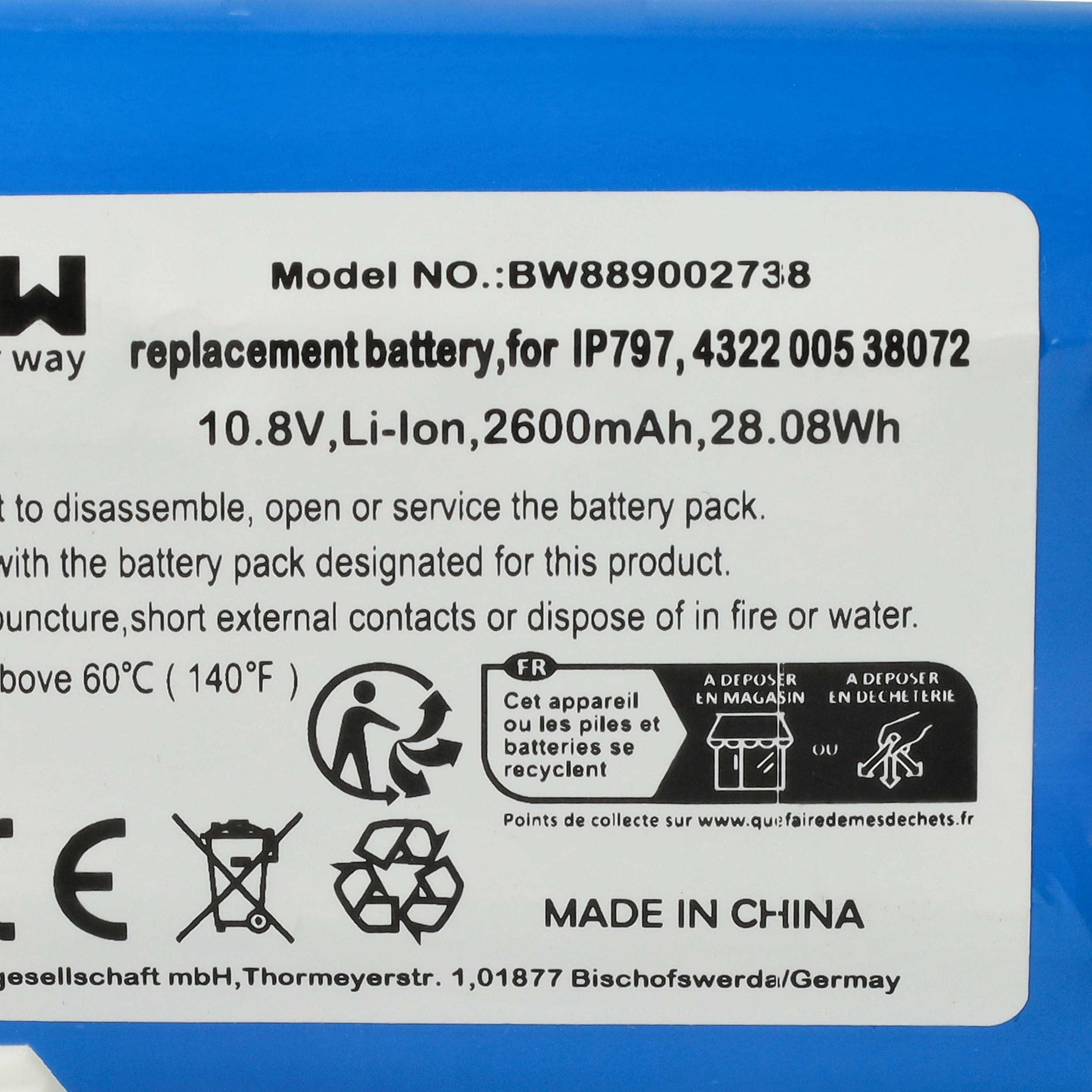 Etikett auf einem blauen Akku mit technischen Daten, Warnhinweisen und Recyclingsymbolen.