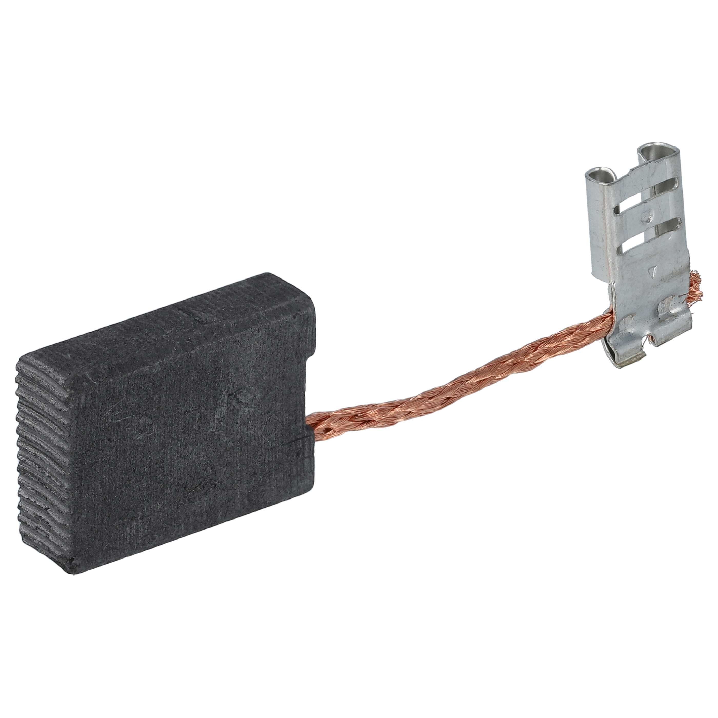 Eine rechteckige schwarze Kohlebürste mit einem kupfernen Anschlussdraht und einem Metallstecker.