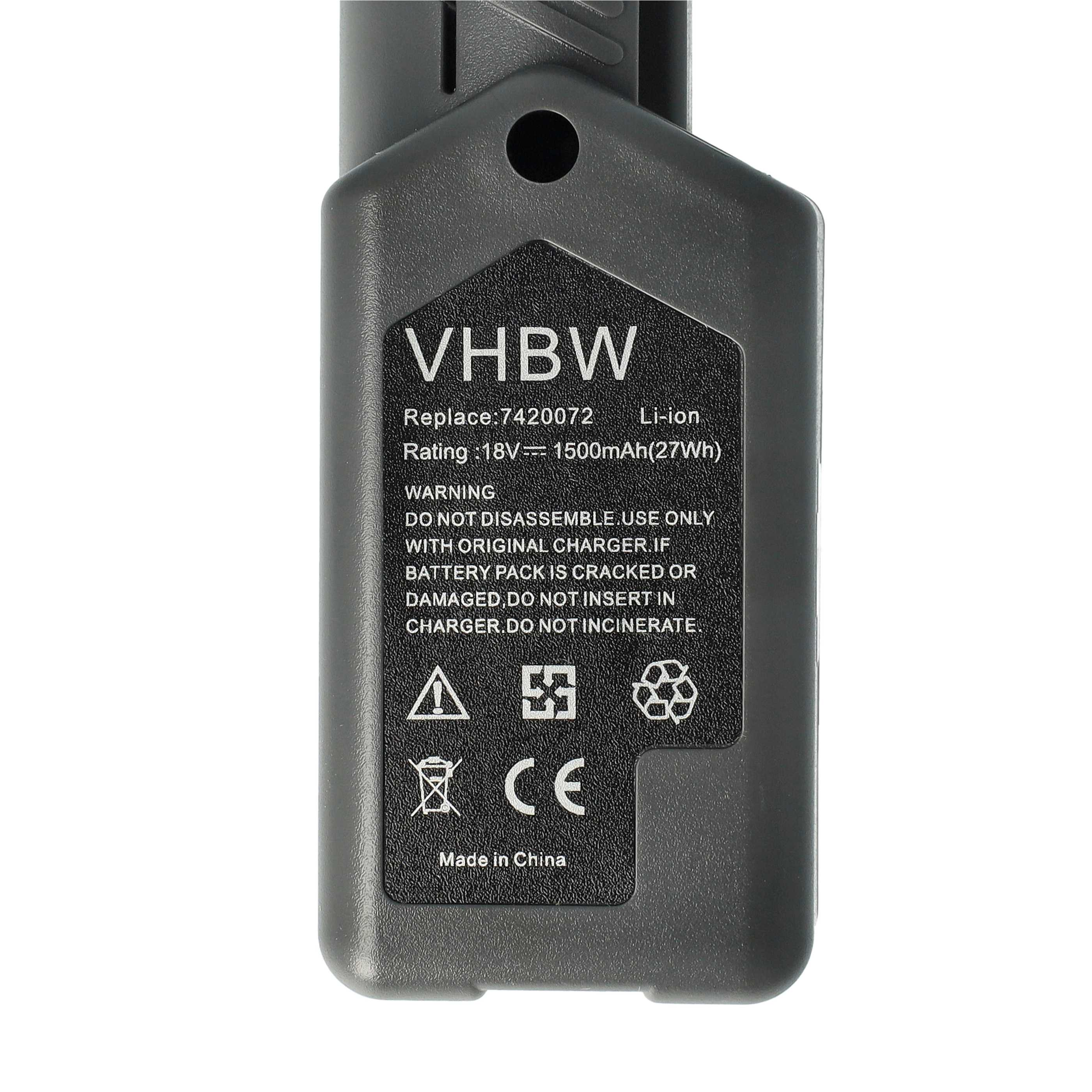 Nahaufnahme eines dunkelgrauen VHBW-Batterieetiketts mit technischen Daten, Warnungen und Recycling-Symbolen.