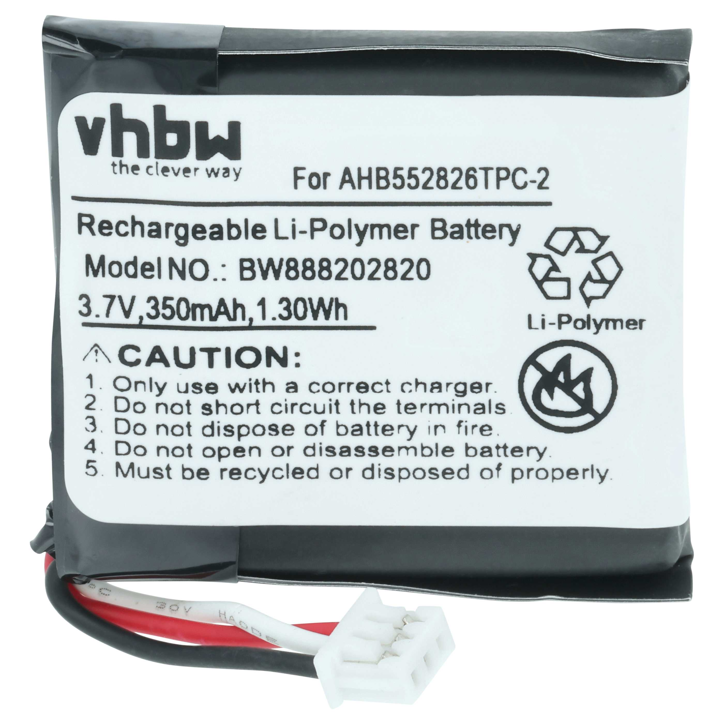 Schwarzer vhbw Li-Polymer-Akku mit weißem Aufkleber, technischen Daten, Sicherheitshinweisen und weißem Steckverbinder.