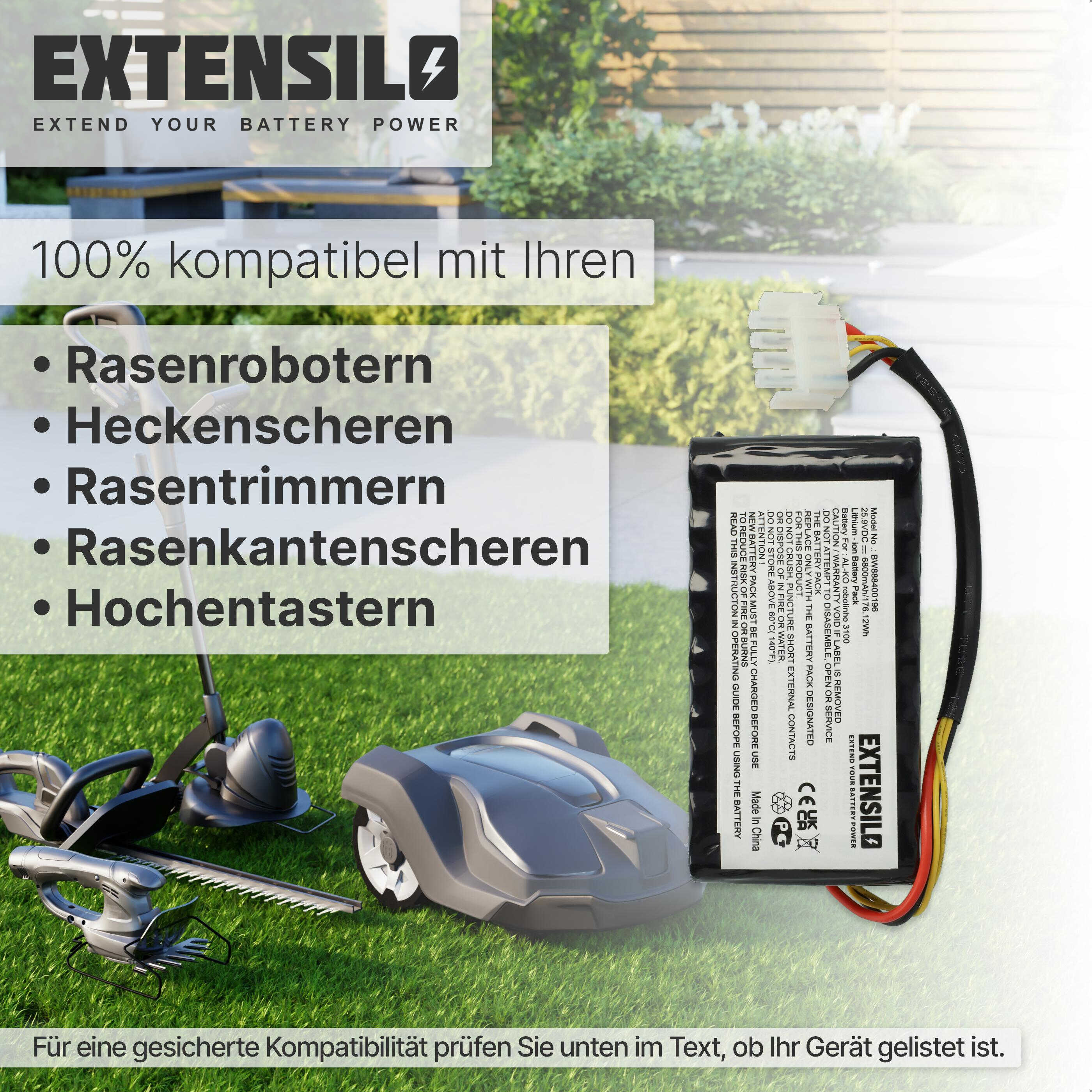 Ein Extensilo Akku neben Gartenwerkzeugen und Rasenroboter auf grünem Rasen.