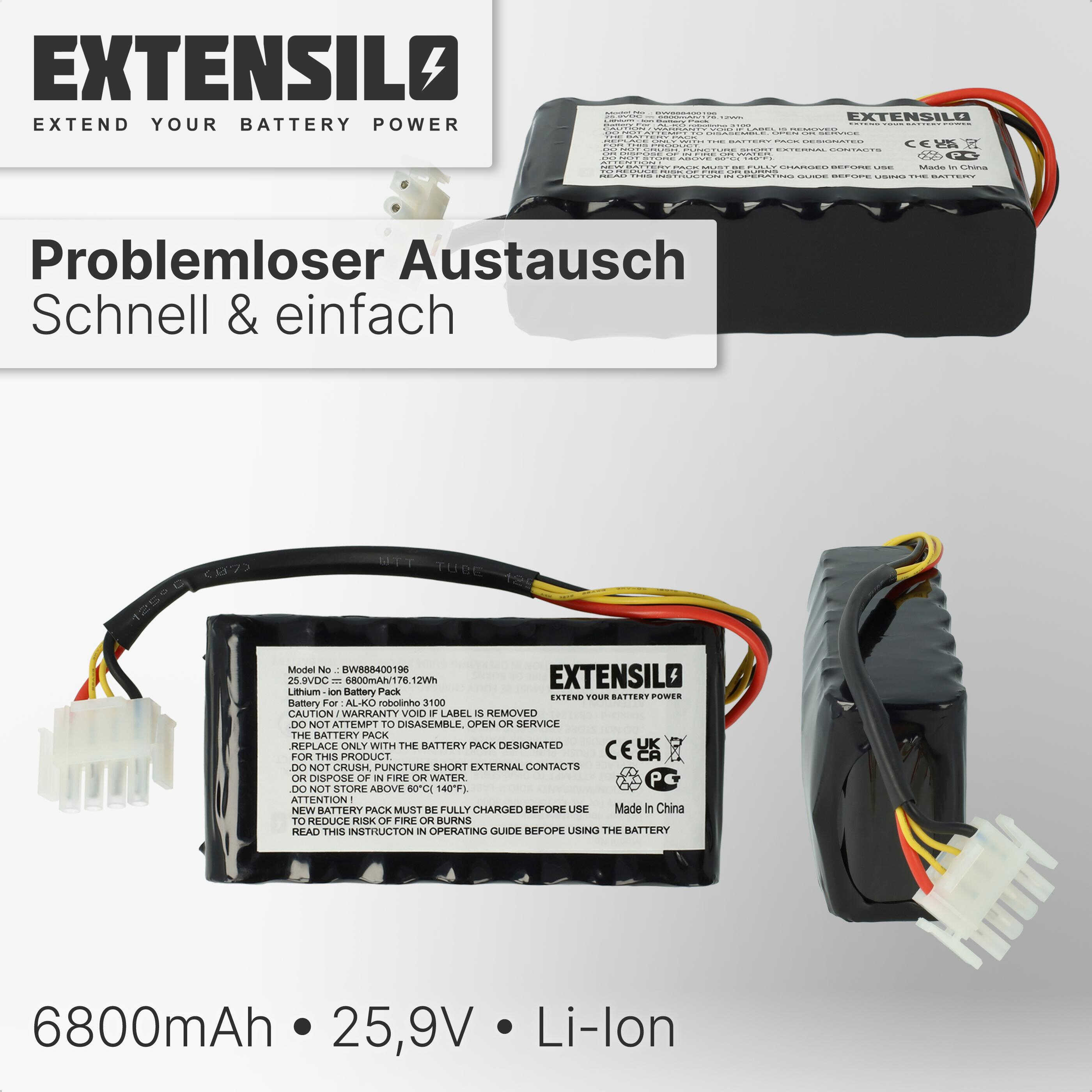 Extensilo schwarzer Li-Ion-Akku, 6800mAh, 25,9V, mit Warnaufklebern und Kabeln mit einem weißen Steckverbinder.
