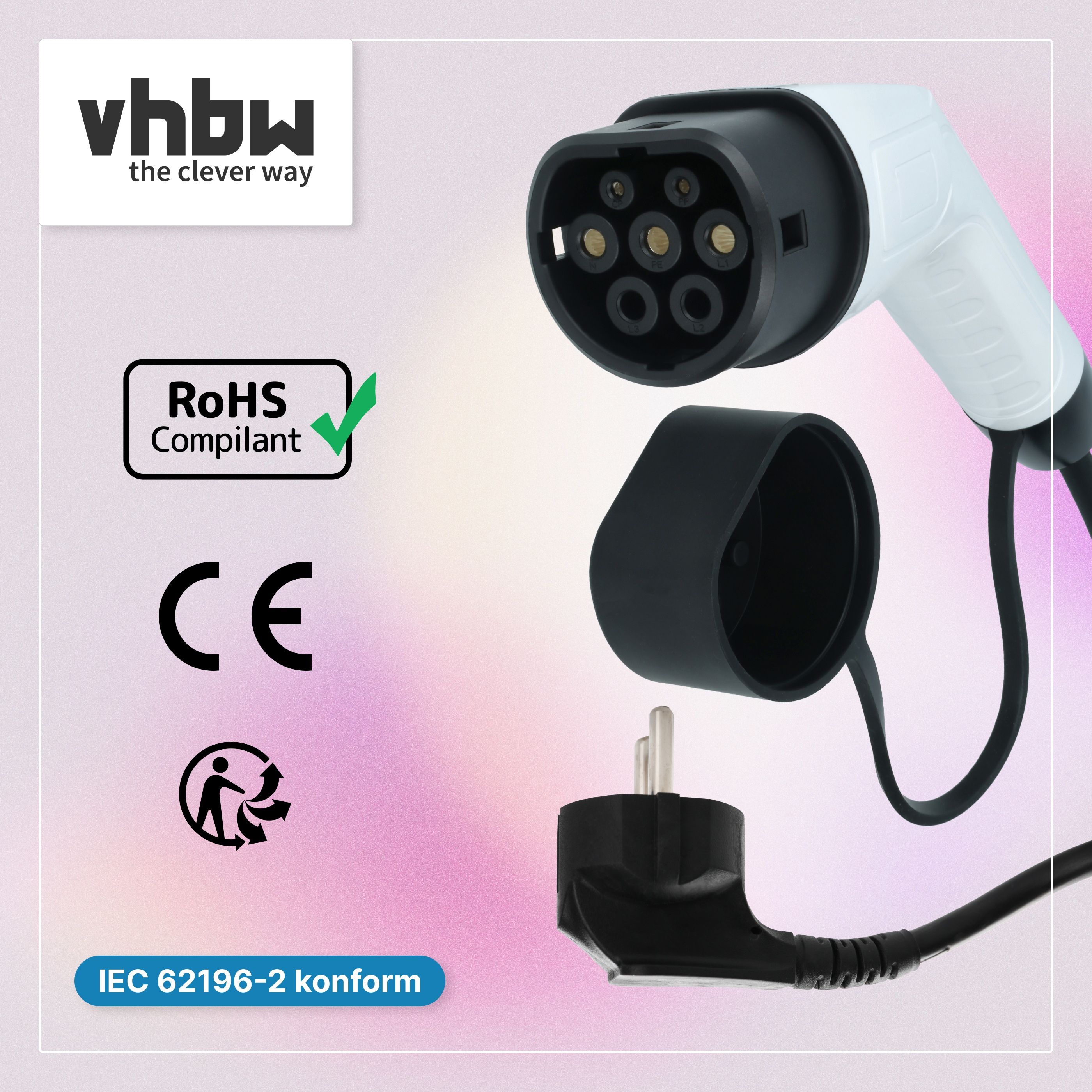 Ein weiß-schwarzes EV-Ladekabel mit Stecker, Schutzkappe und Markenlogo auf rosa-weißem Hintergrund.