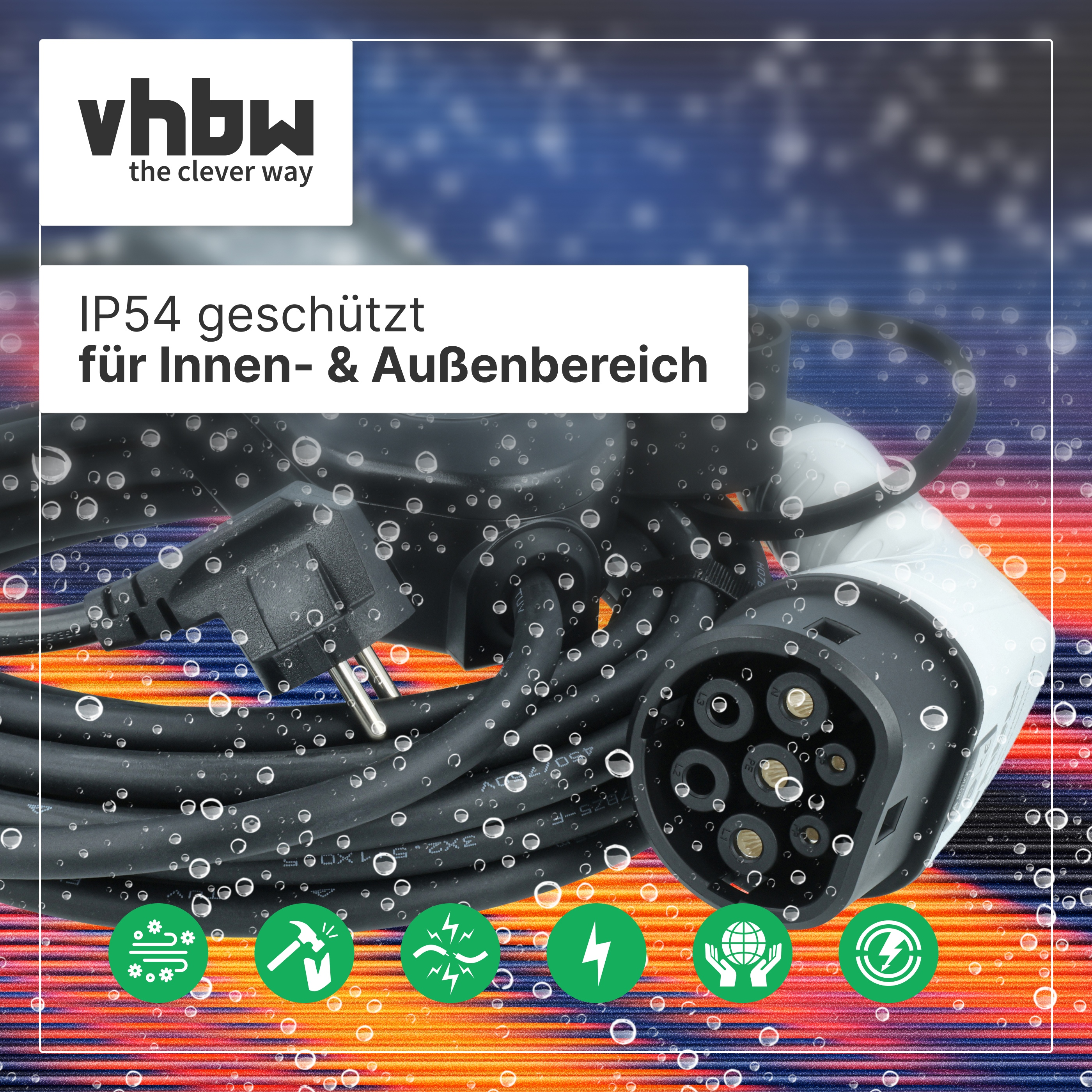 Schwarzes Ladekabel mit Steckern für den Innen- und Außenbereich, IP54 geschützt.