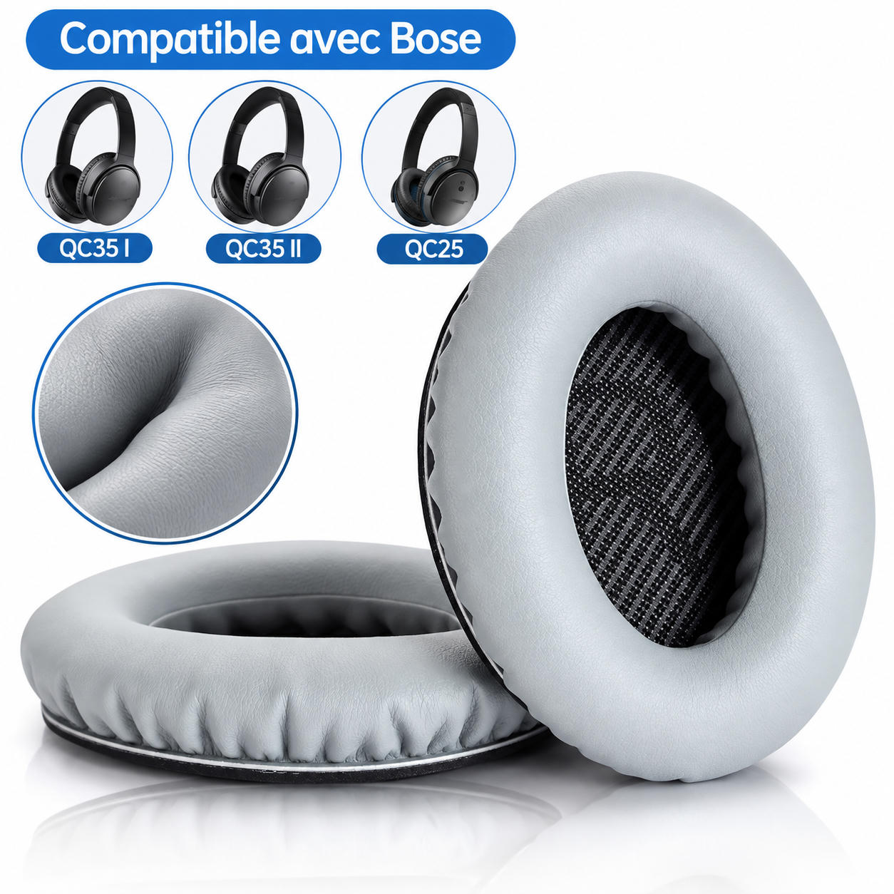Gray replacement ear pads for Bose QC series headphones with soft leather and foam cushioning.