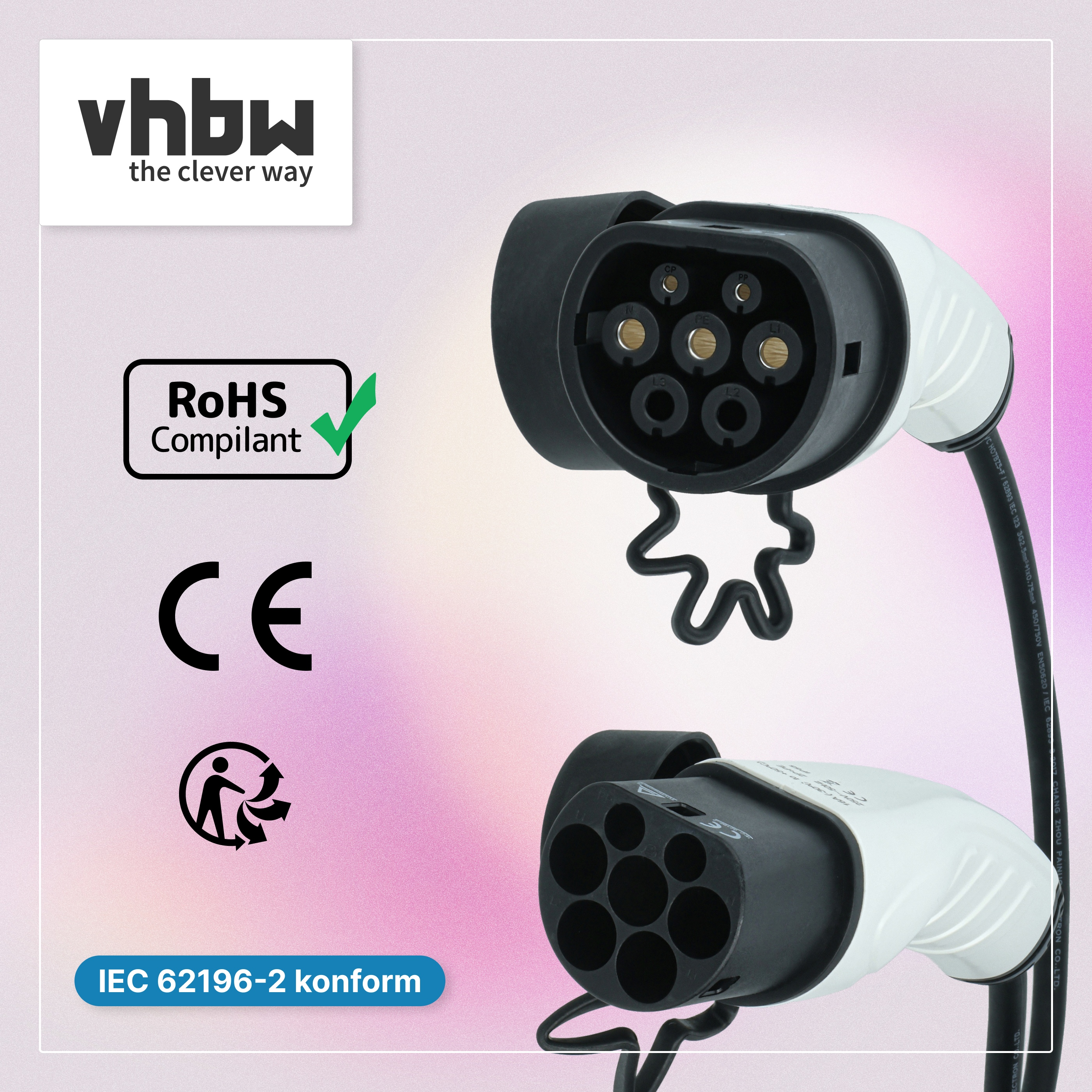 Typ 2 Ladekabel Stecker mit Vhbw Logo und CE Kennzeichnung auf rosa Hintergrund.