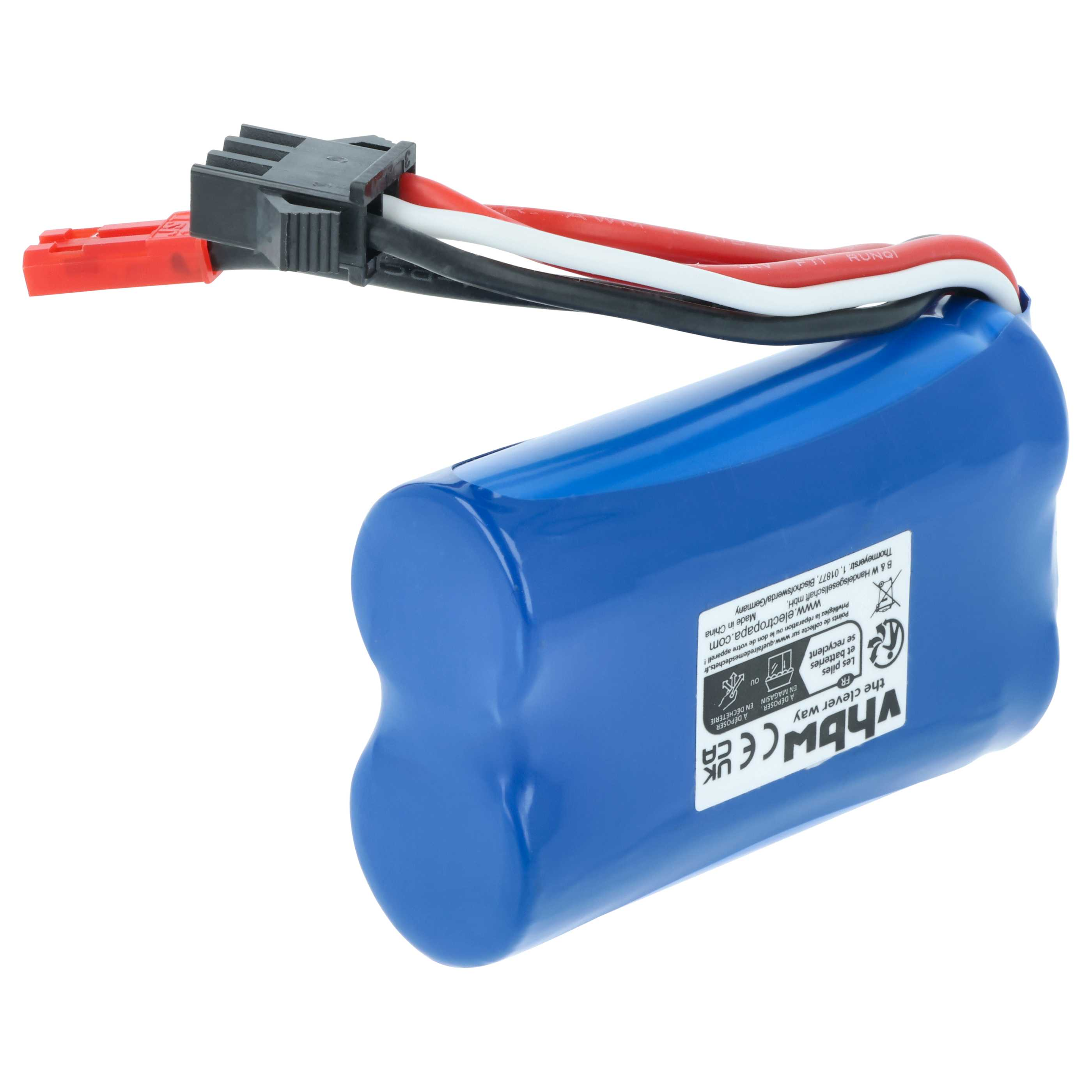 Ein blauer Akku mit weißem Etikett, roten, schwarzen und weißen Kabeln und einem roten und schwarzen Stecker.