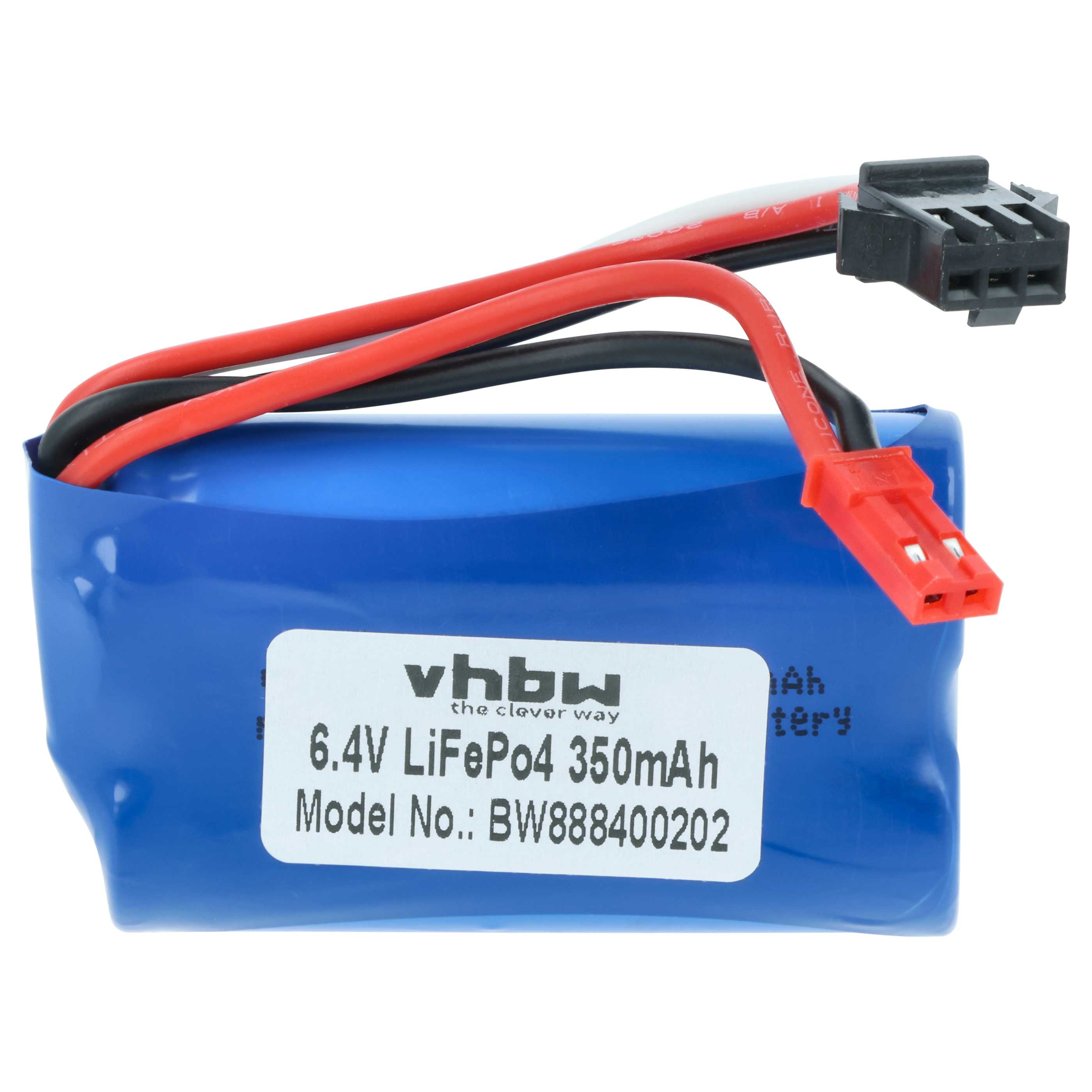 Blaue vhbw LiFePo4 Batterie mit rotem und schwarzem Kabel sowie zwei Anschlüssen auf weißem Hintergrund.