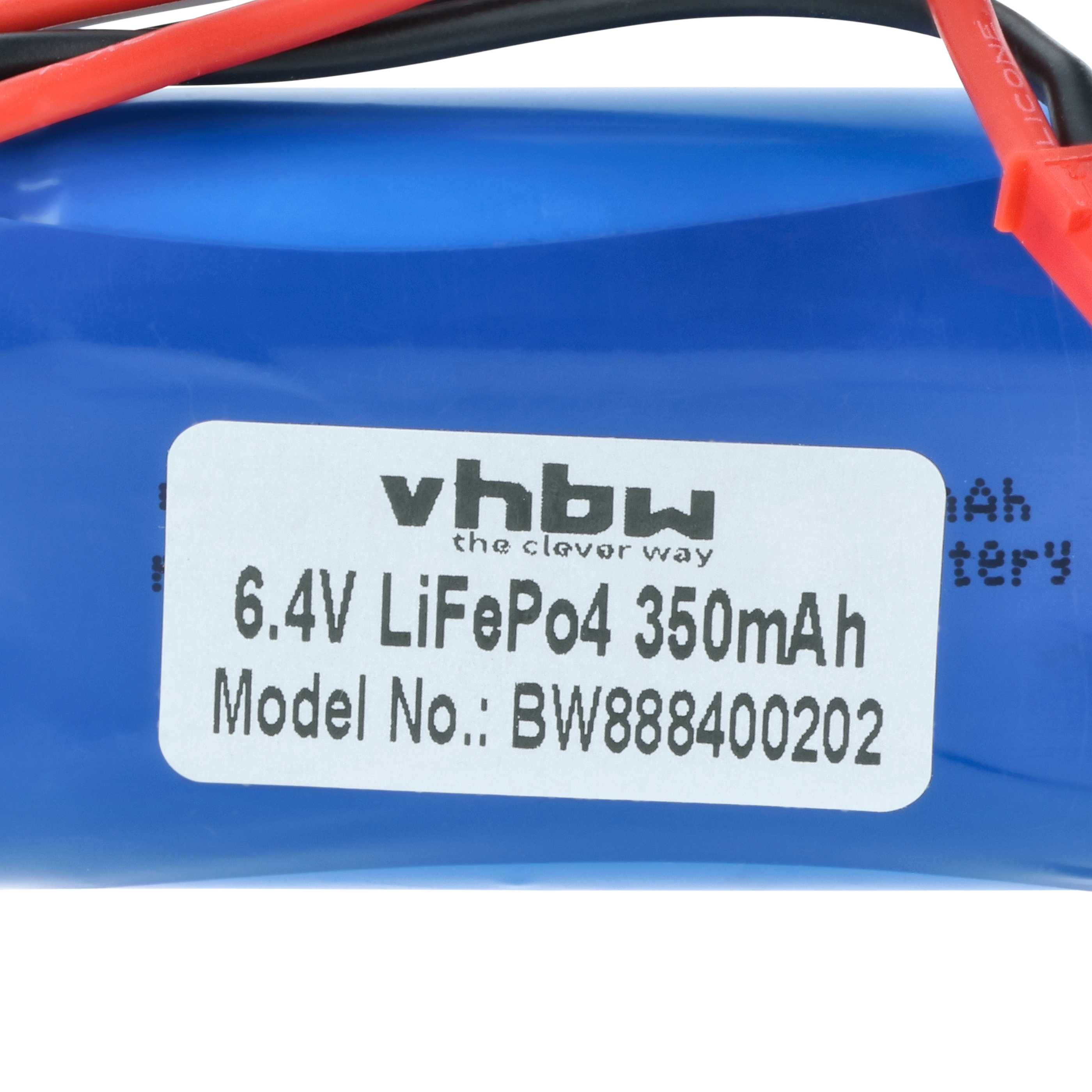 Blaue LiFePo4 Batterie mit weißem Etikett und roten Kabeln.