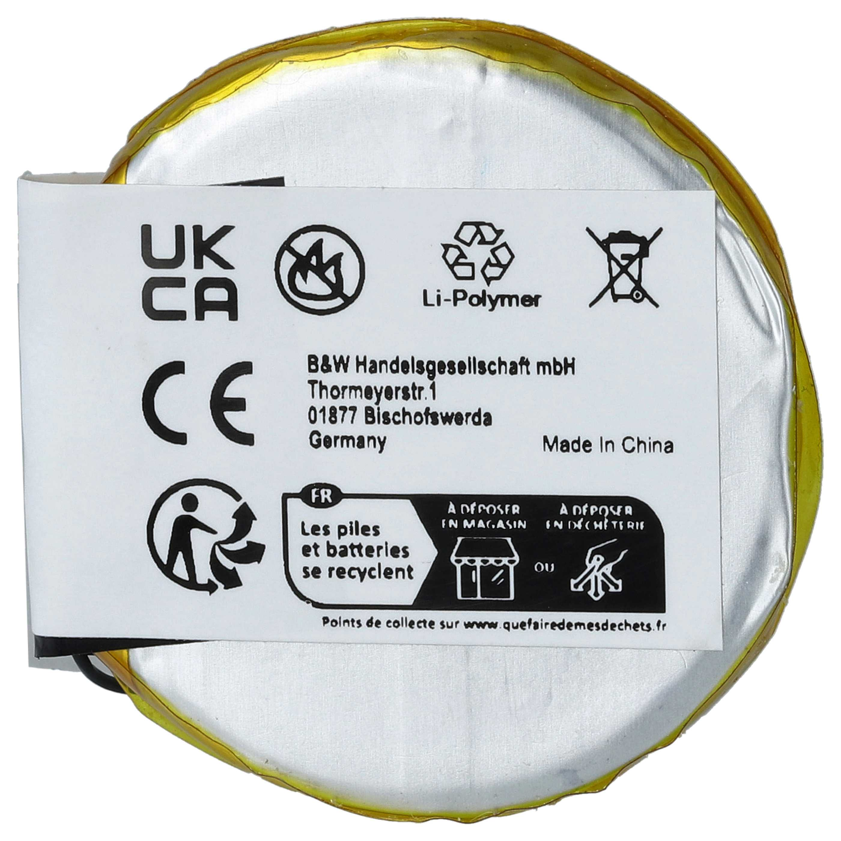 Runder Li-Polymer-Akku mit weißem Etikett mit CE-, UKCA- und Recycling-Symbolen.