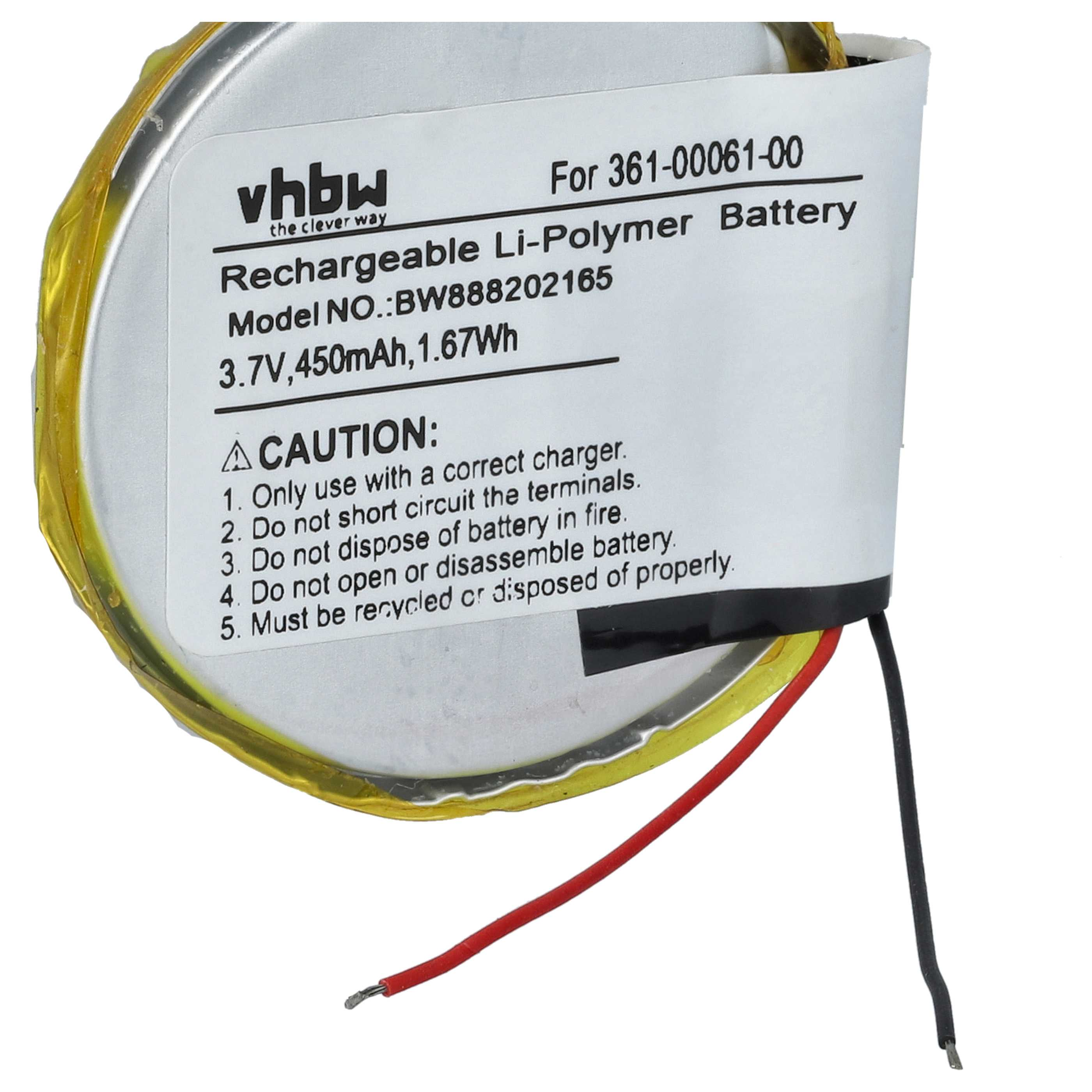 Eine runde Vhbw Lithium-Polymer-Batterie mit roten und schwarzen Kabeln sowie gedruckten Sicherheitswarnungen.