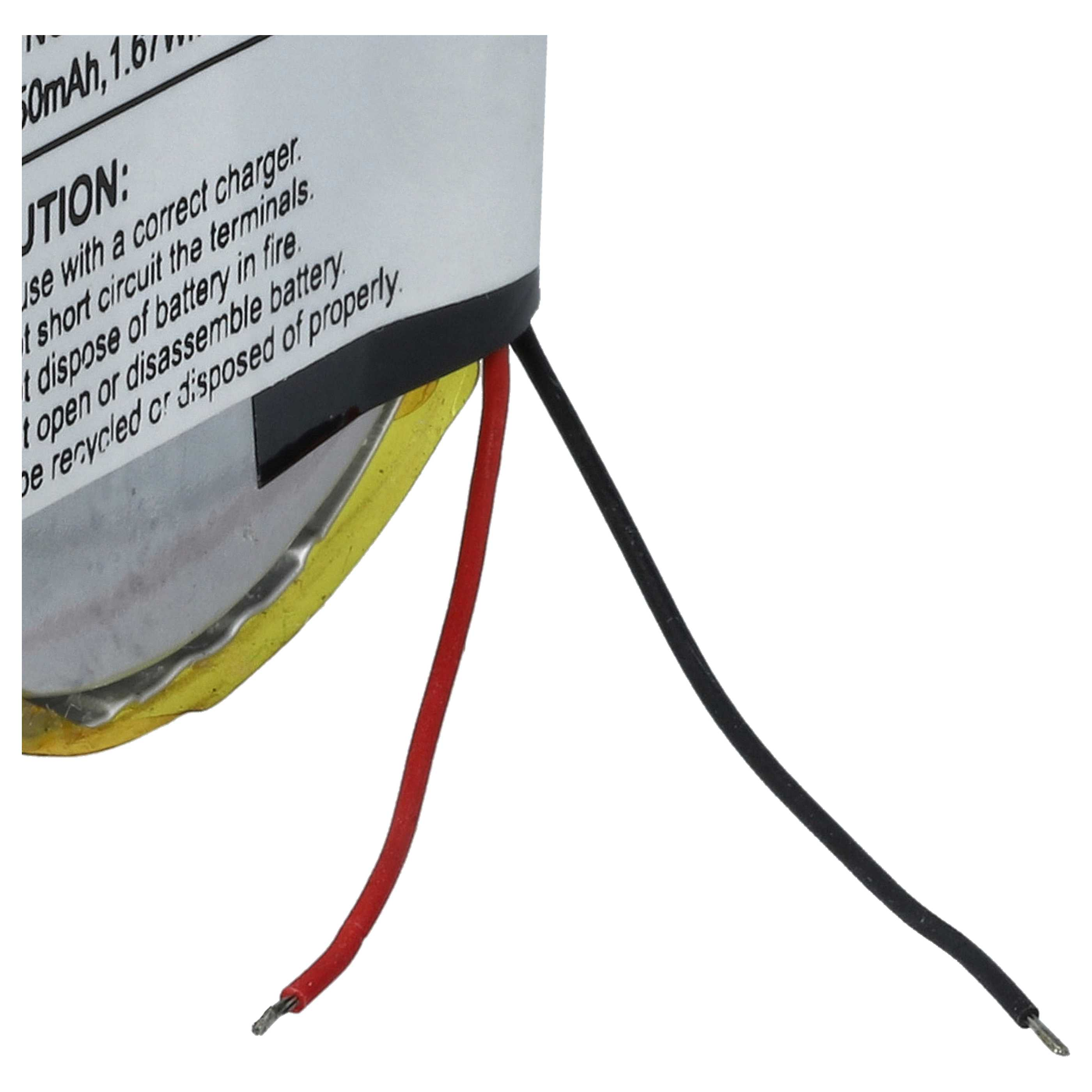 Eine Batterie mit Warntext und zwei angeschlossenen Drähten, rot und schwarz.