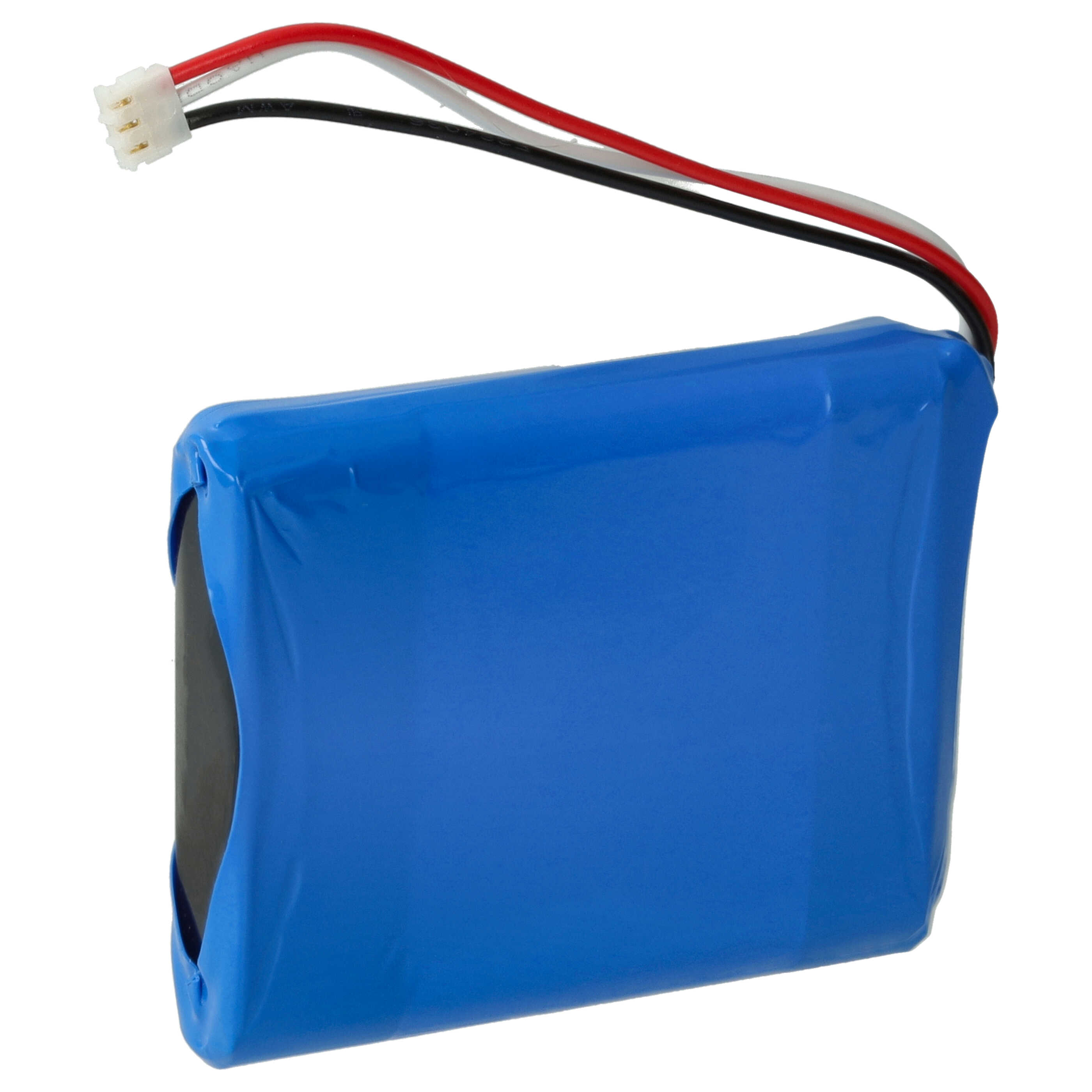 Ein rechteckiger, blau verpackter LiPo-Akku mit roten, weißen und schwarzen Kabeln, die in einem weißen Stecker enden.