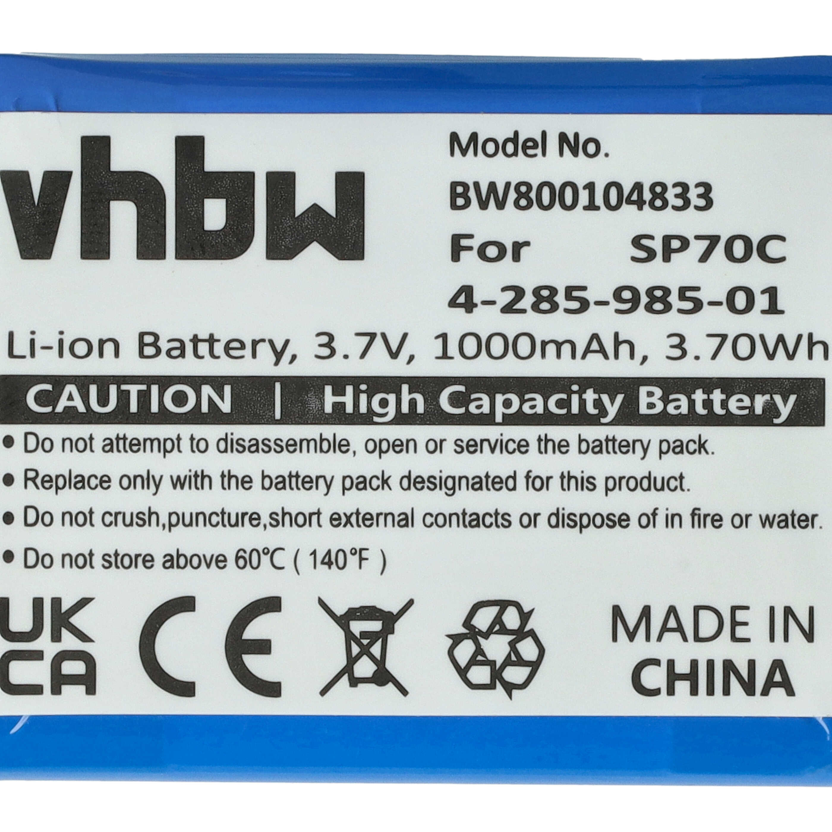 Label einer blauen Vhbw Li-Ion Batterie mit technischen Daten, Warnungen und CE-Kennzeichnung.