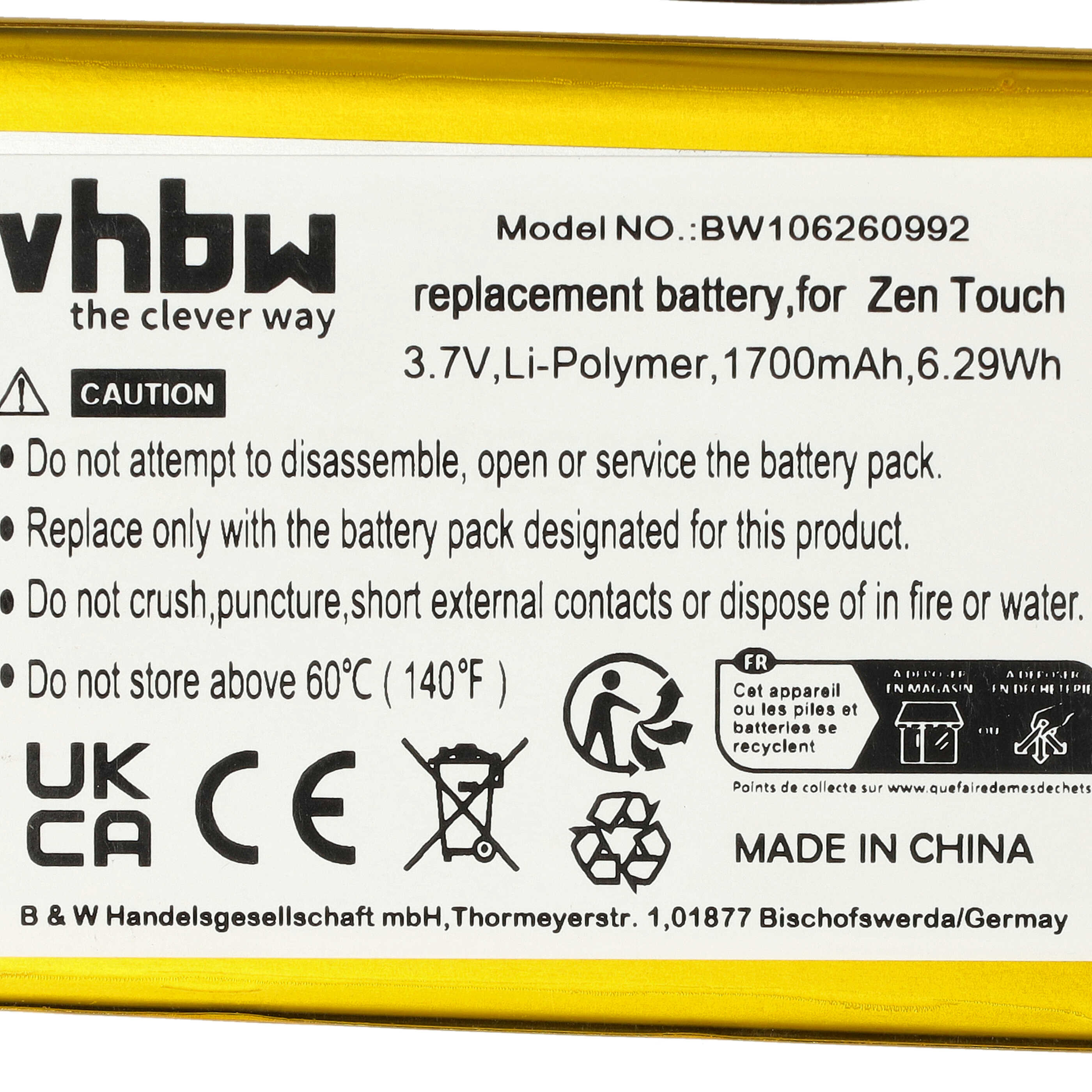 Label einer gelben vhbw Akku-Ersatzbatterie mit technischen Daten und Sicherheitshinweisen.