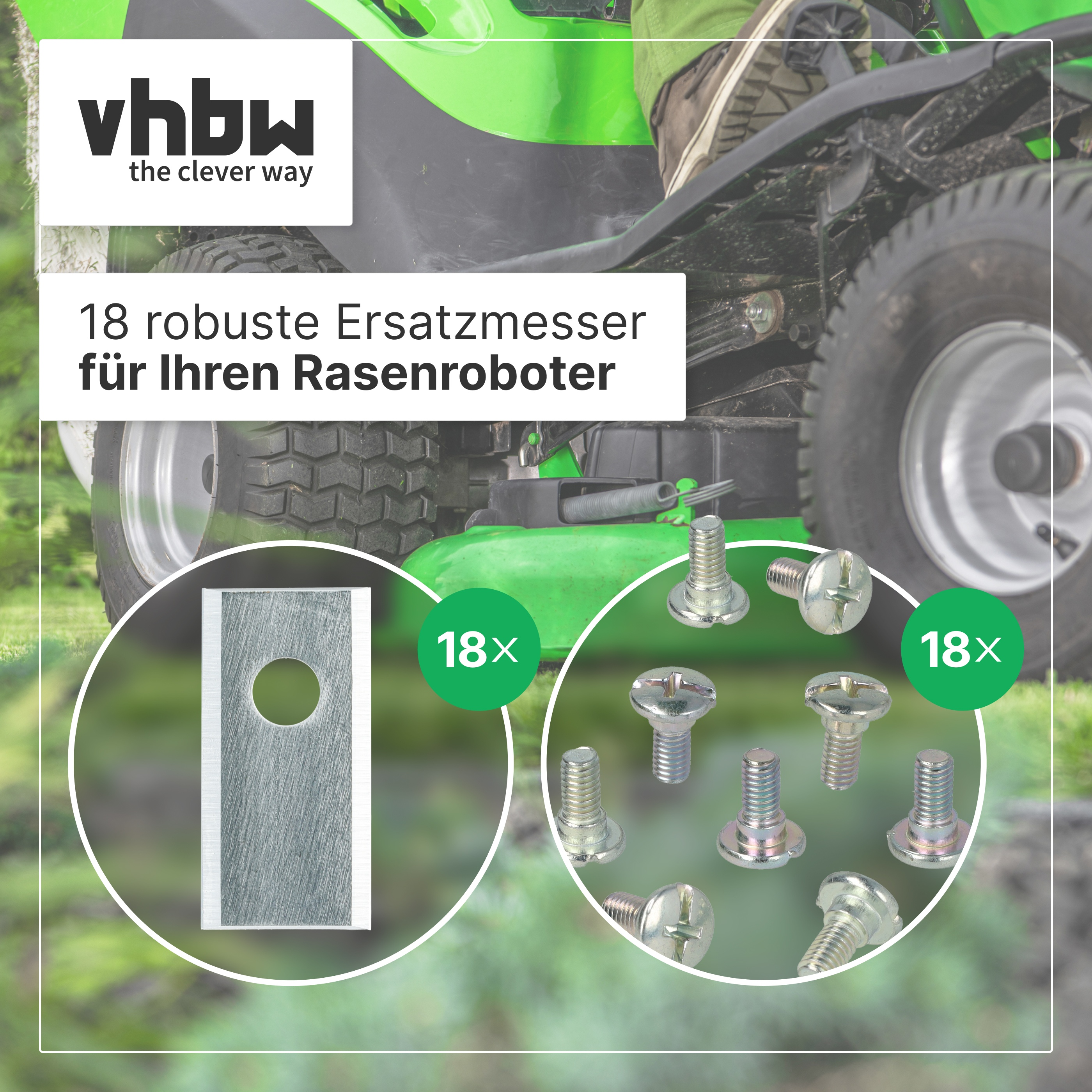 18 Rasenroboter-Ersatzmesser mit Schrauben vor einem grünen Rasenmäher.