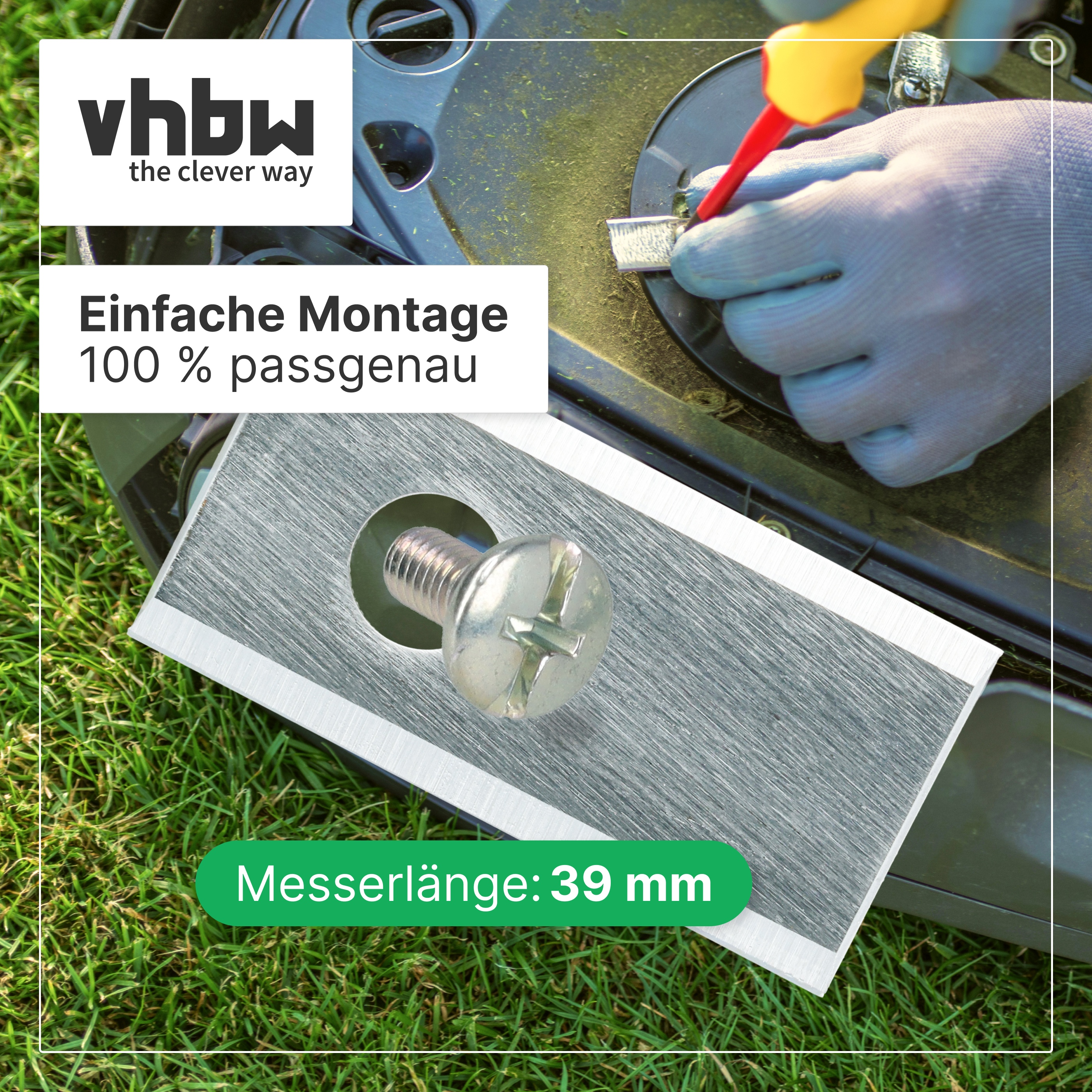 Ein handschuherfüllter Arbeiter montiert eine Ersatzklinge an einem Mähroboter mit einer Schraube.