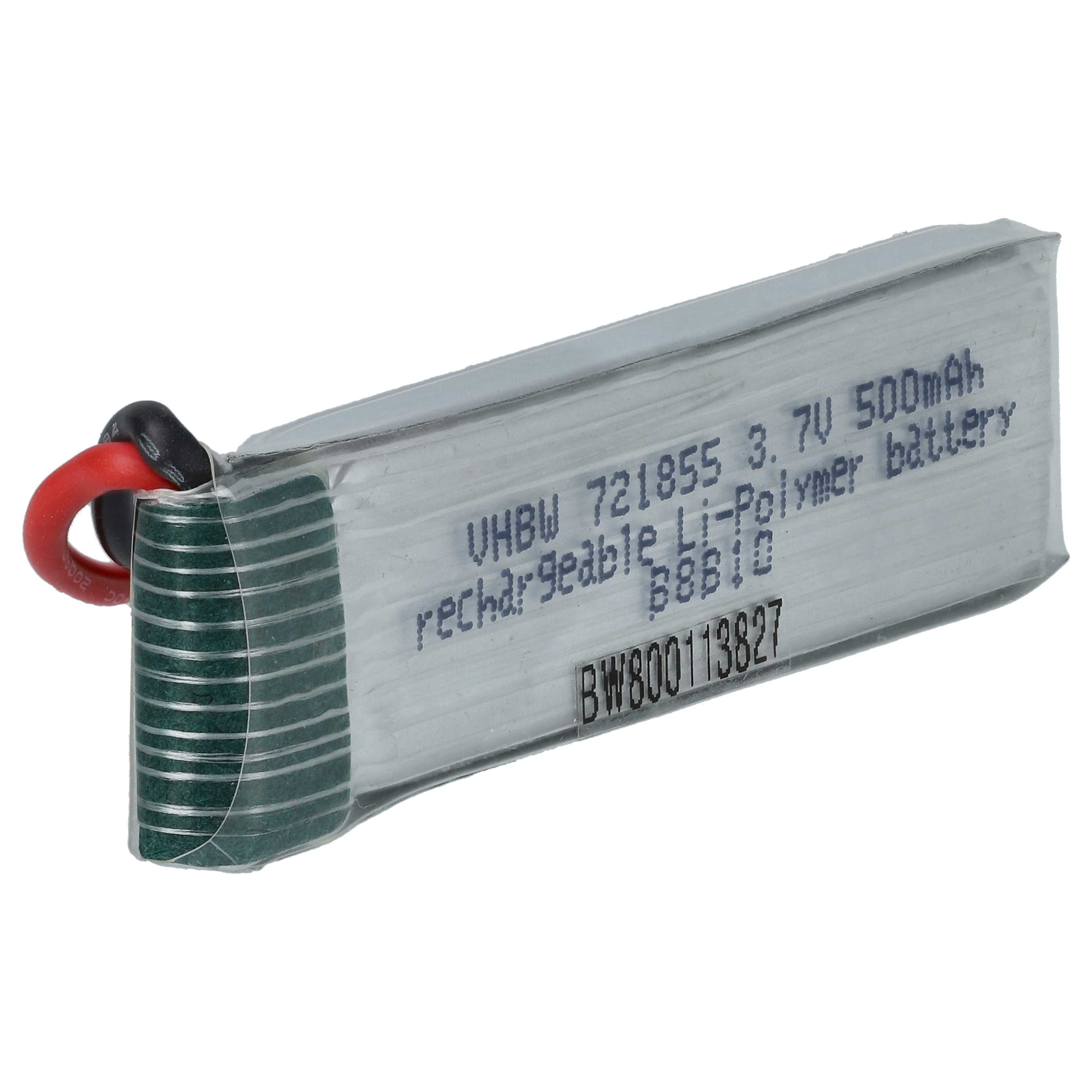Eine kleine silberne Li-Polymer-Batterie mit roten und schwarzen Kabeln auf weißem Hintergrund.