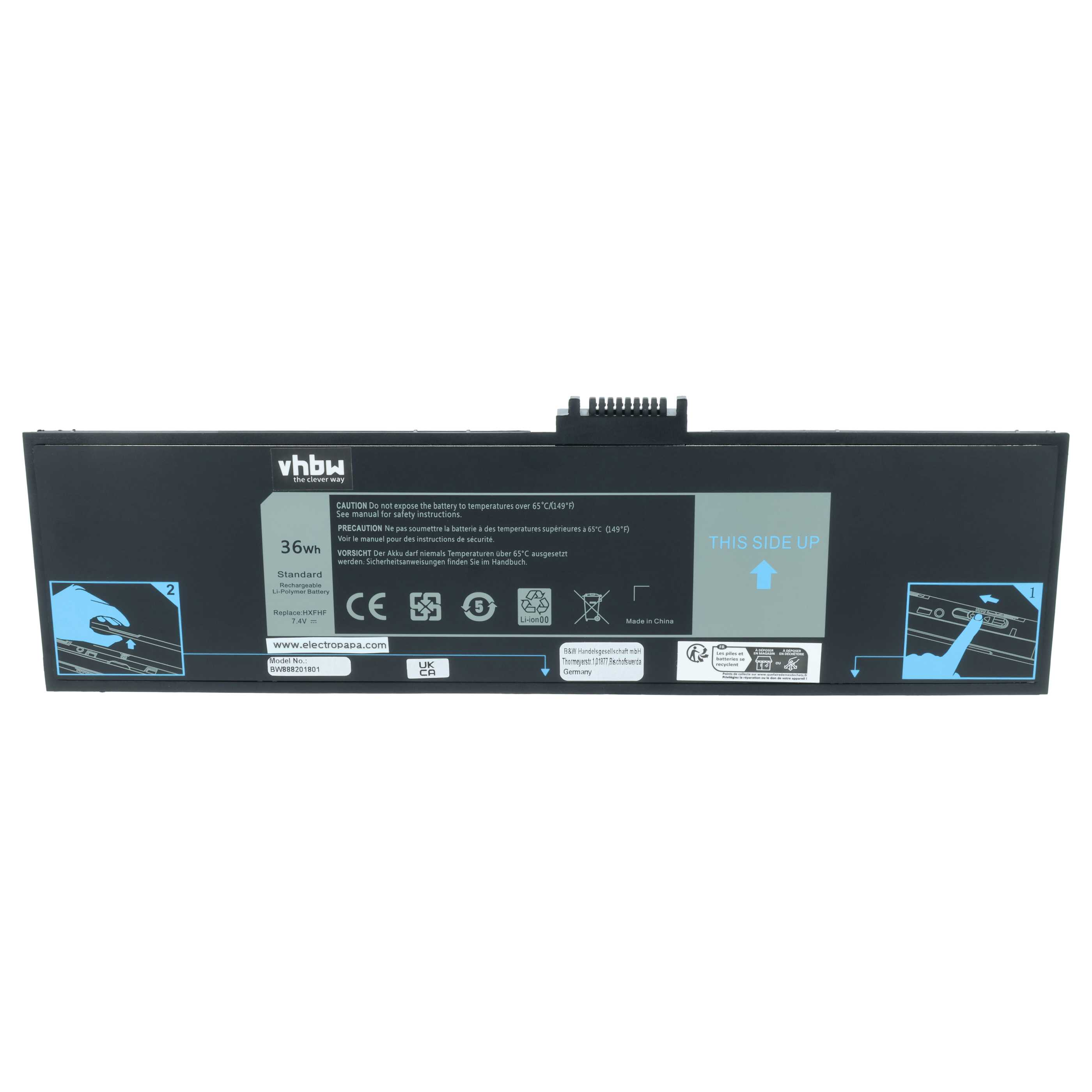 Schwarzer Laptop-Akku mit technischen Daten, Warnhinweisen und Installationsanleitungen.