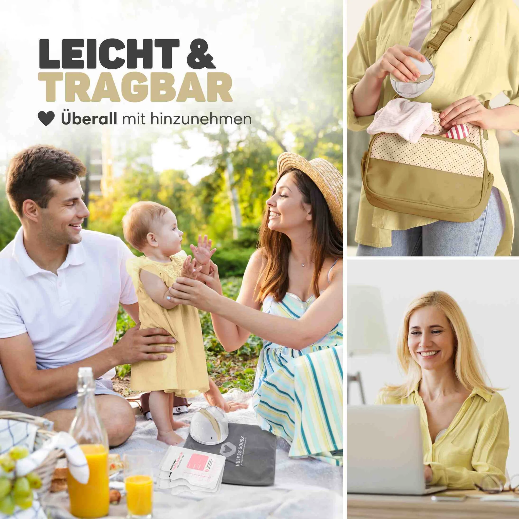 Eine Familie beim Picknick, eine Frau packt eine Tasche und eine Frau arbeitet am Laptop mit Text.