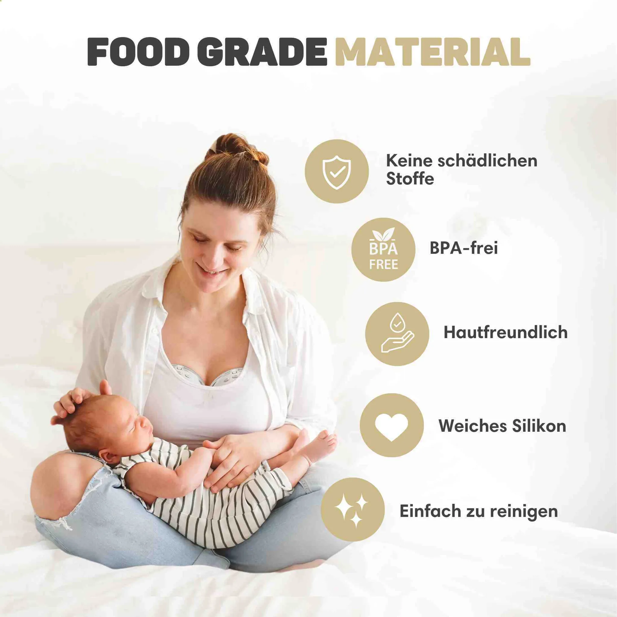 Mutter hält glücklich ein Baby auf dem Schoss mit Produktmerkmalen auf der rechten Seite.