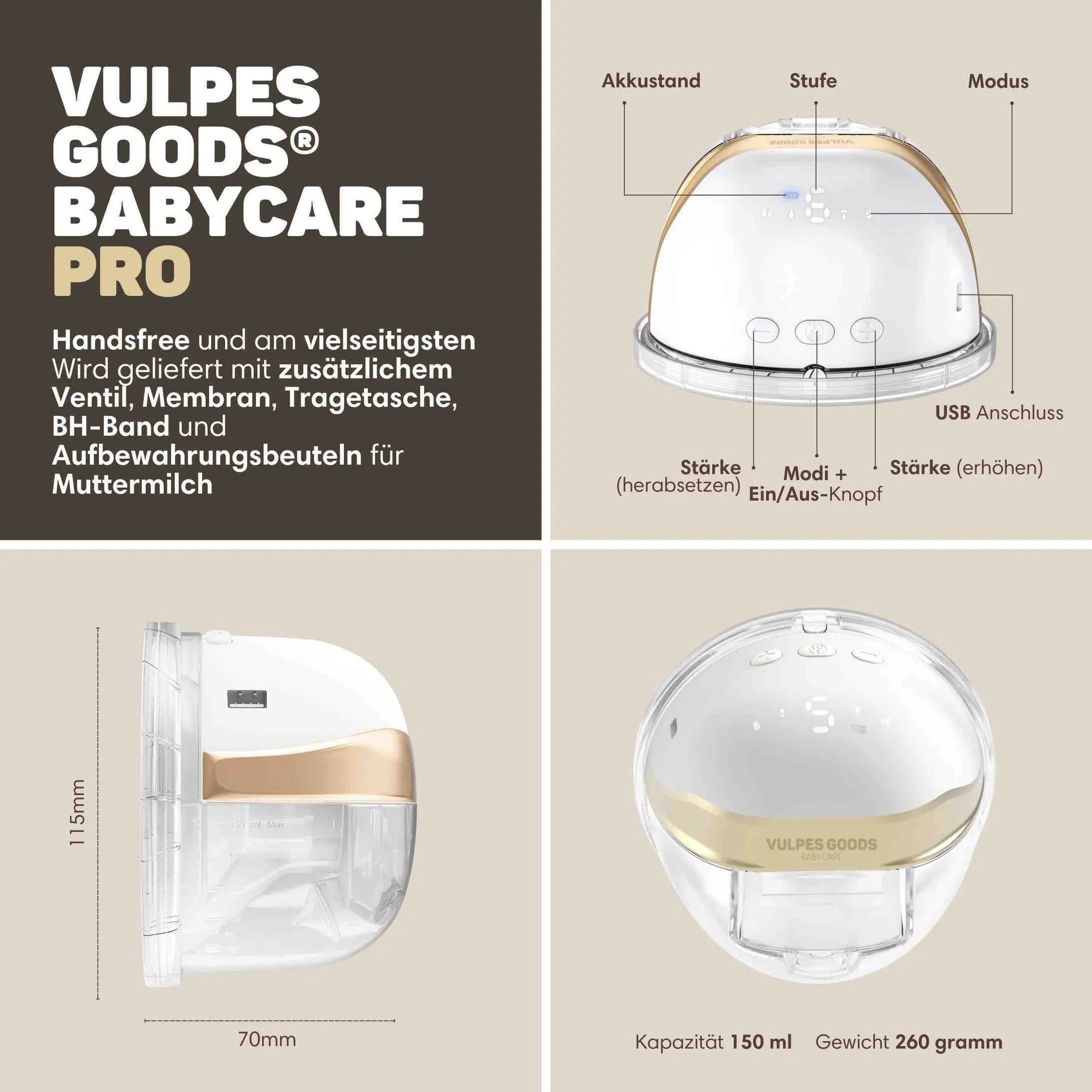Produktübersicht der Vulpes Goods Babycare Pro Milchpumpe mit Produktmerkmalen und Abmessungen.