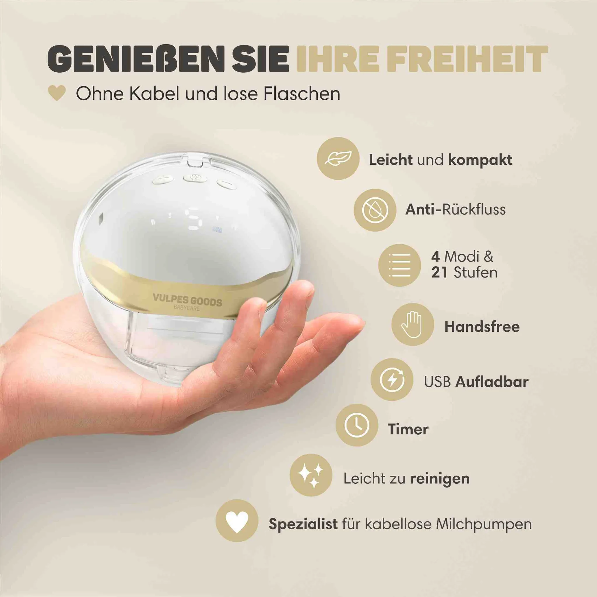 Hand hält eine runde, kabellose Milchpumpe vor beige Hintergrund mit Text und Icons.