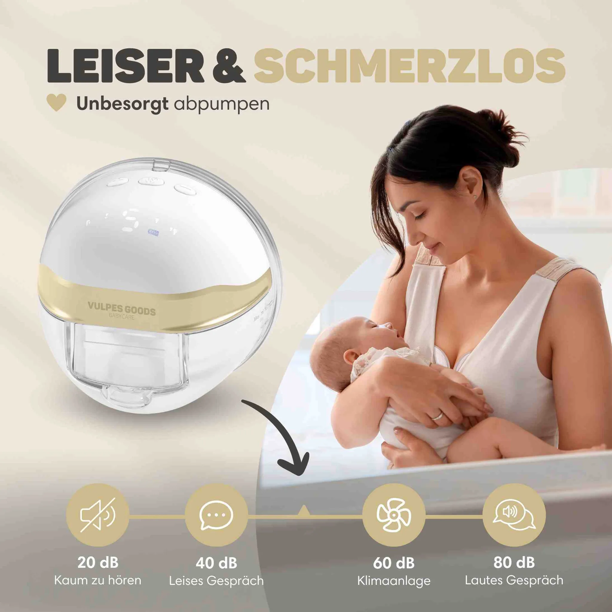 Eine Mutter hält ihr Baby, daneben eine leise Vulpes Goods Milchpumpe mit Dezibel-Skala.