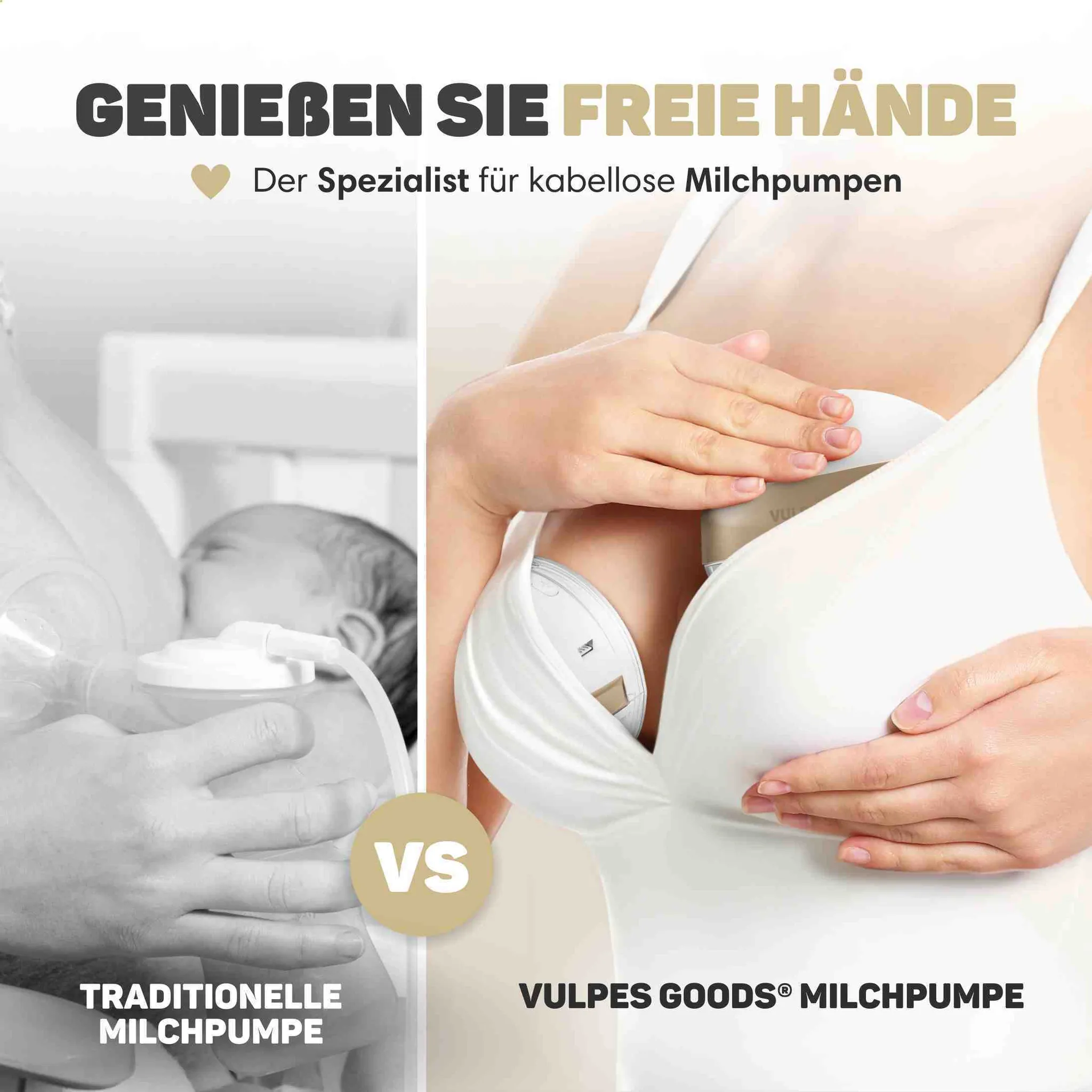 Vergleich zwischen traditioneller Milchpumpe mit Kabel und kabelloser Vulpes Goods Milchpumpe.