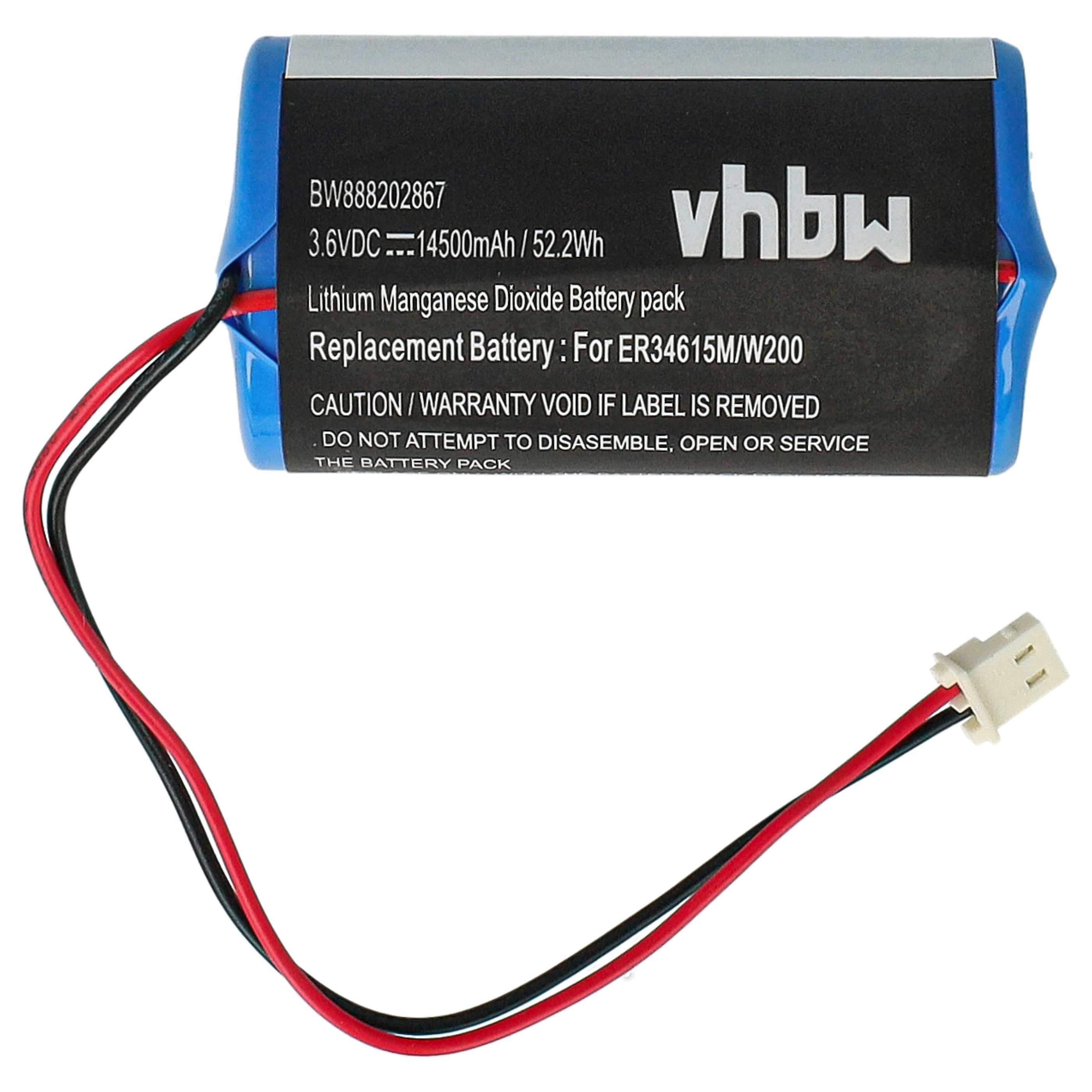 Blaue VHBW Lithium-Mangan-Dioxid-Batterie mit schwarzen und roten Kabeln und einem Steckverbinder vor weißem Hintergrund.
