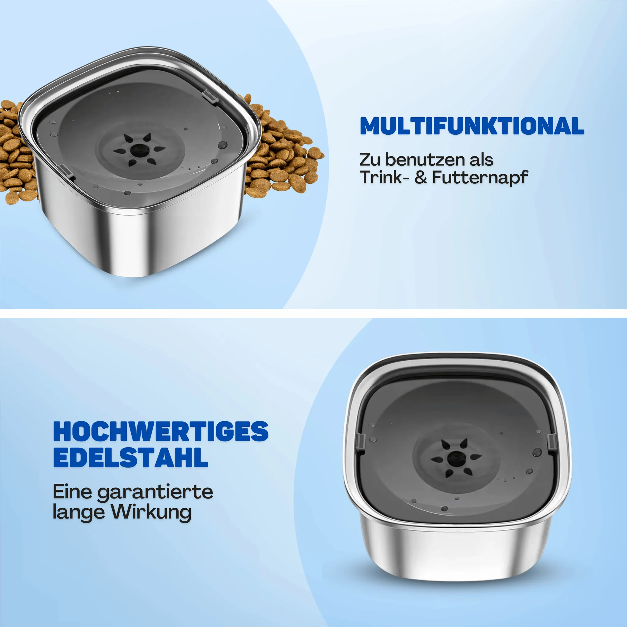 Edelstahlnapf für Haustiere mit Text und trockenem Futter.