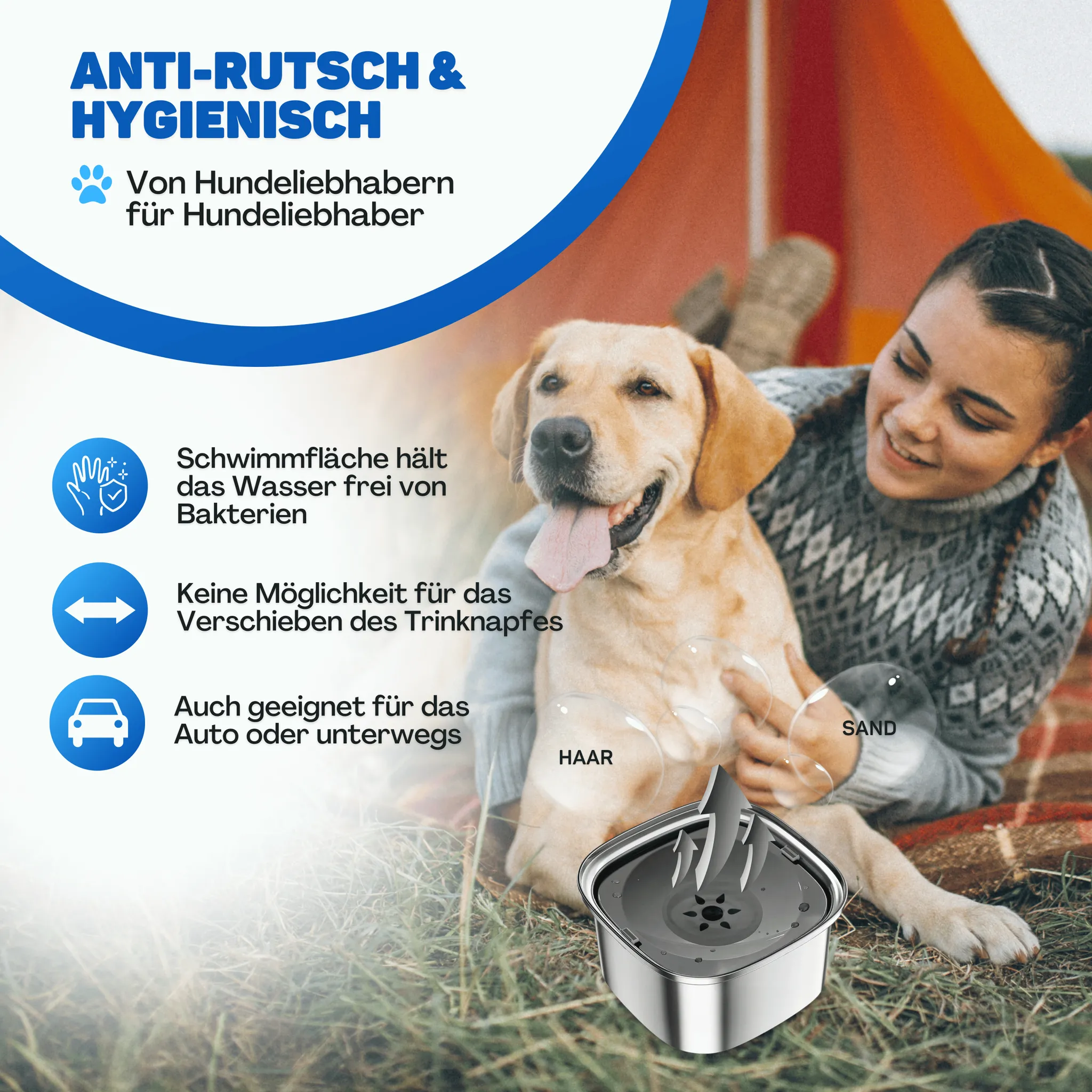 Eine Frau sitzt mit ihrem Hund draußen auf Gras, daneben ist ein Anti-Rutsch-Trinknapf und deutscher Text.