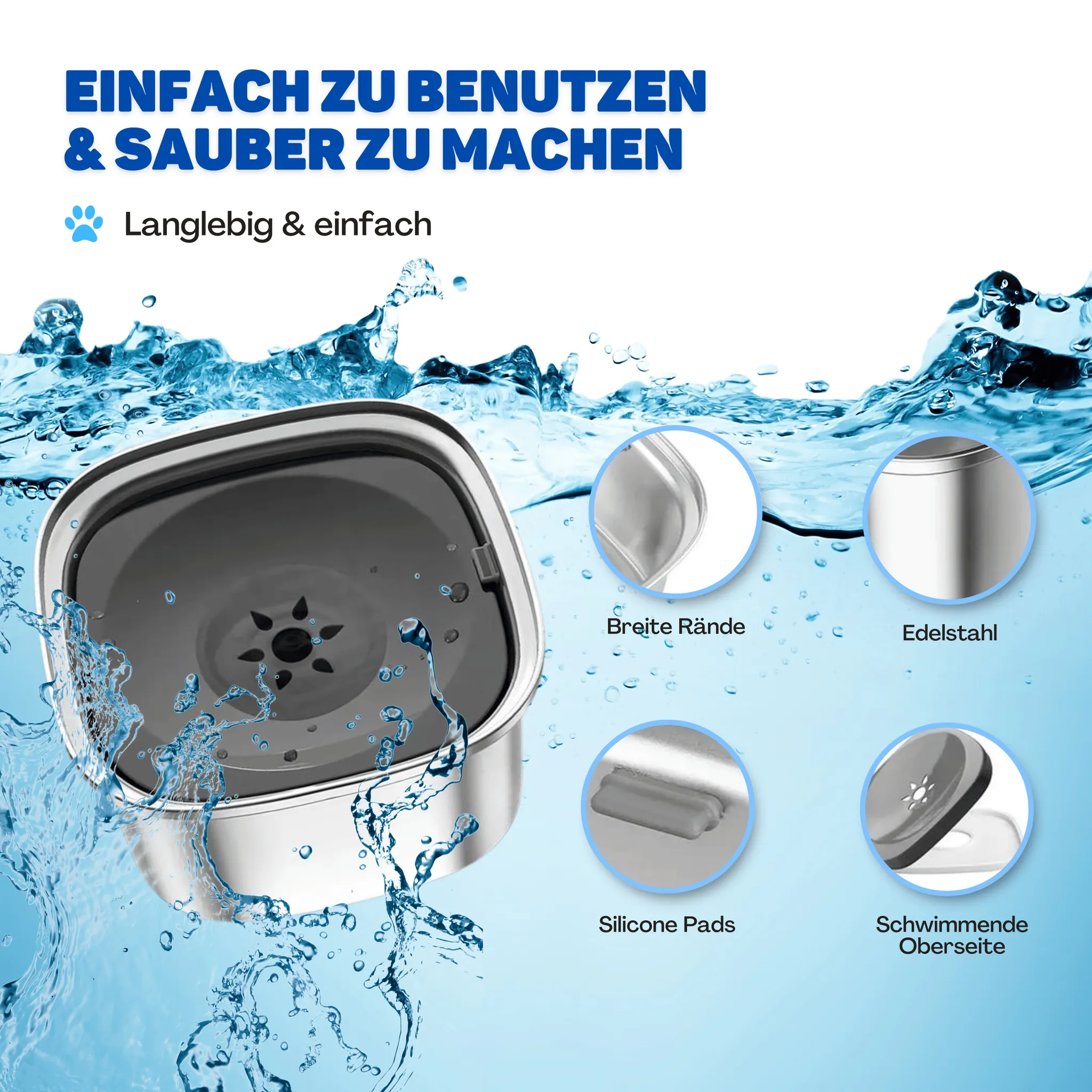 Edelstahl-Haustiernapf mit schwimmender Platte und spritzendem Wasser, mit erklärenden Detailkreisen.