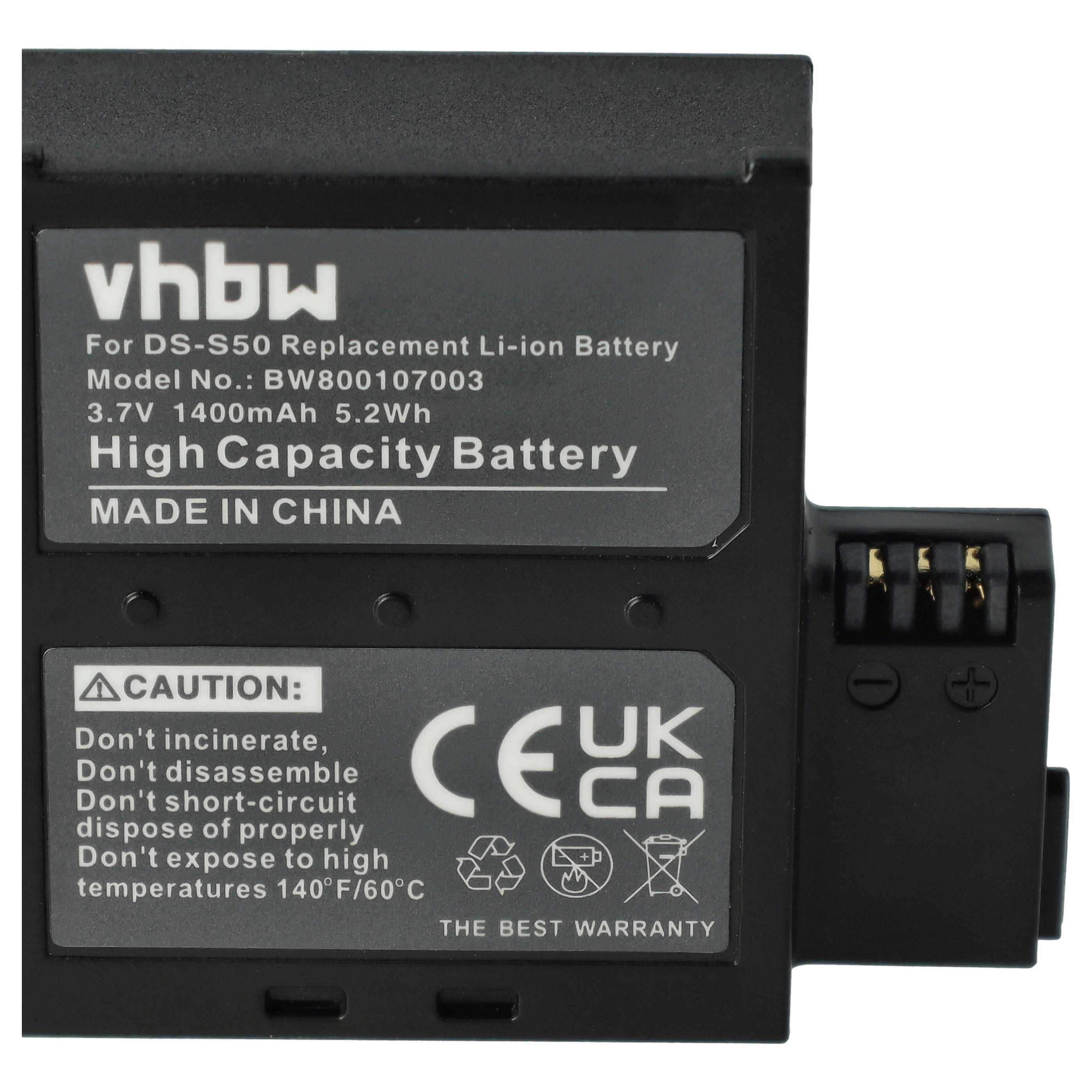 Schwarzer vhbw Li-Ionen-Akku mit technischen Daten, Vorsorgehinweisen und CE-Kennzeichnung auf einem Etikett.