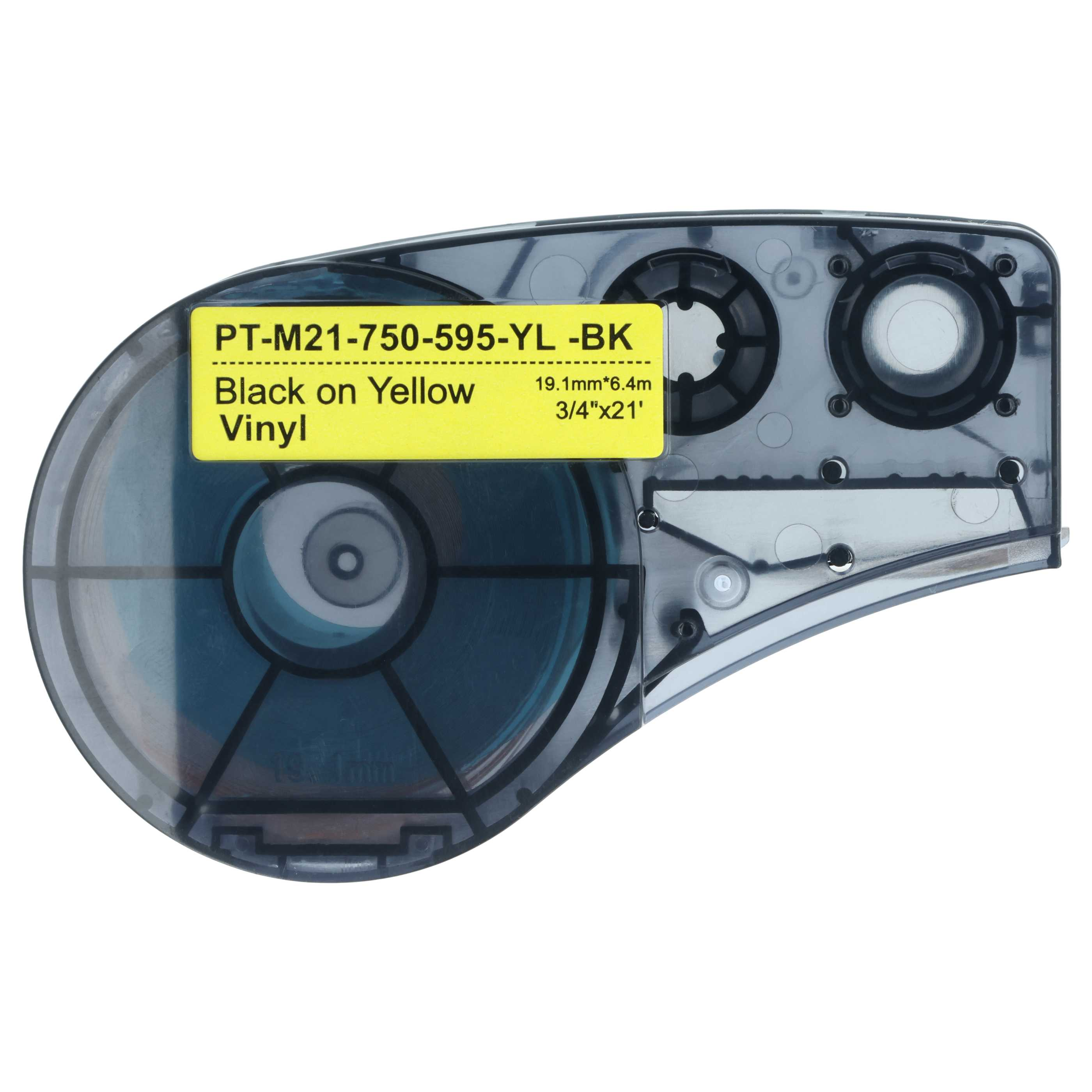 Eine schwarze Etikettendruckerkassette mit gelbem Etikett zeigt Text PT-M21-750-595-YL-BK, Black on Yellow, Vinyl.
