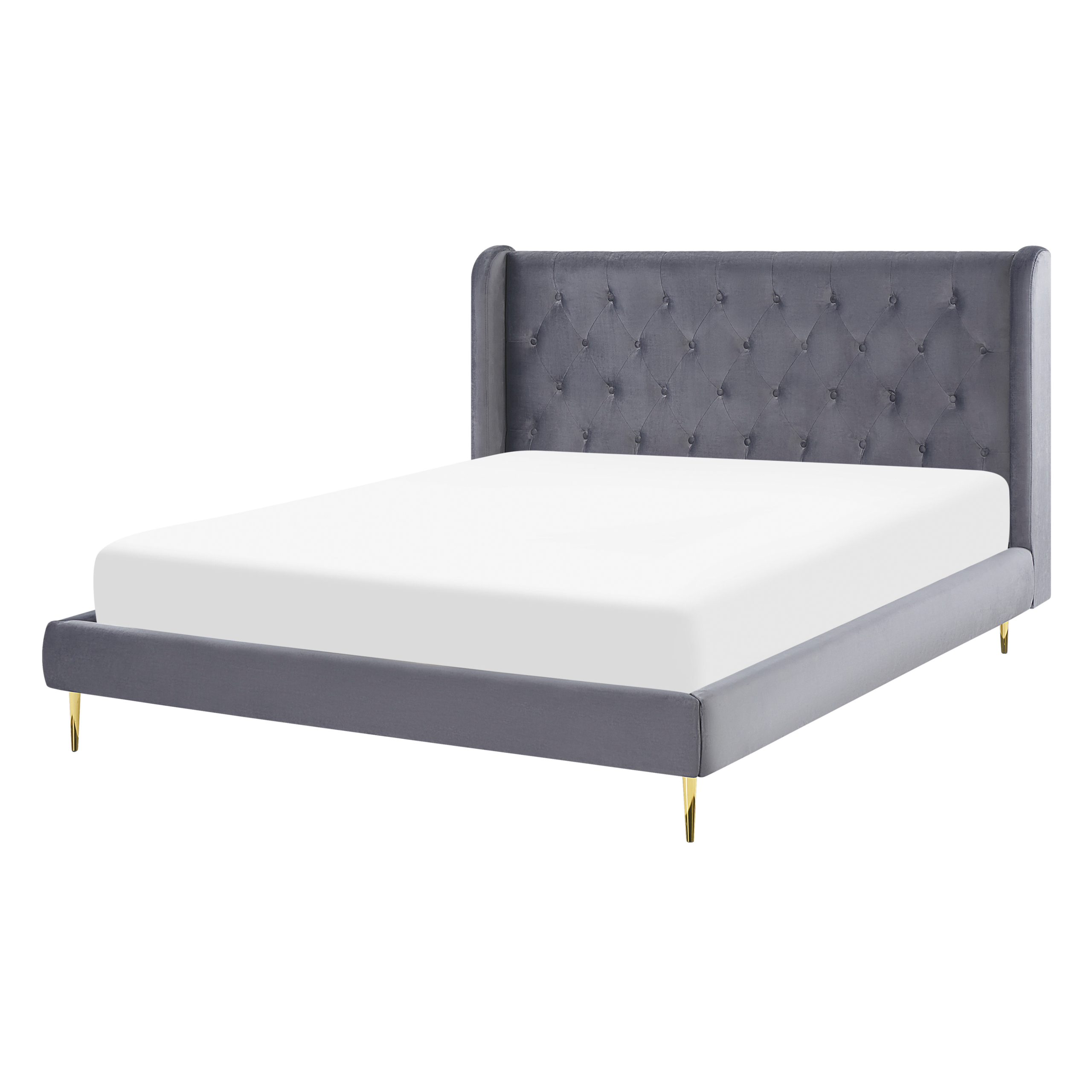 Letto in velluto grigio con testiera trapuntata e gambe dorate su fondo bianco.