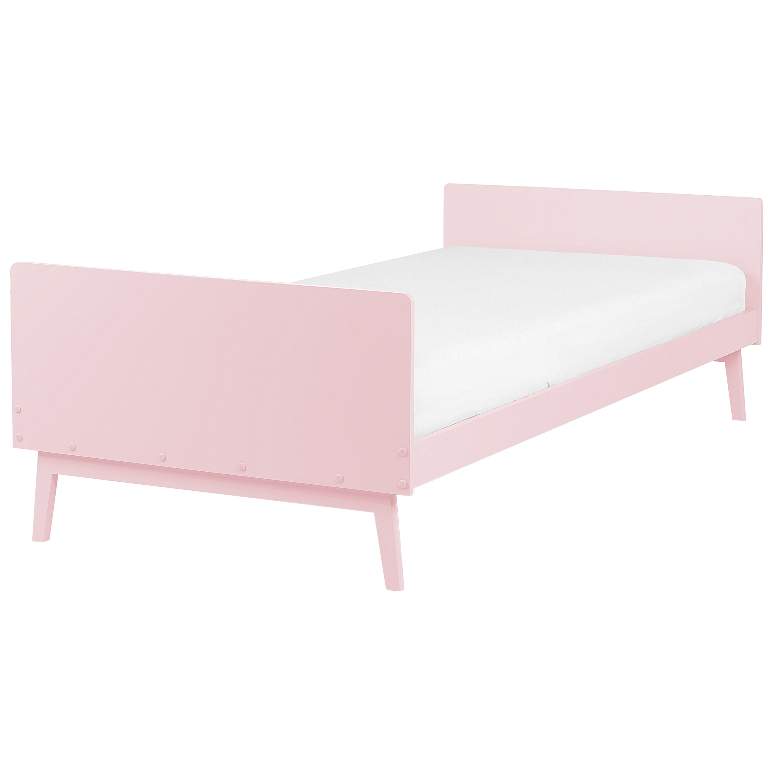 Un letto per bambini rosa con materasso bianco su sfondo bianco.