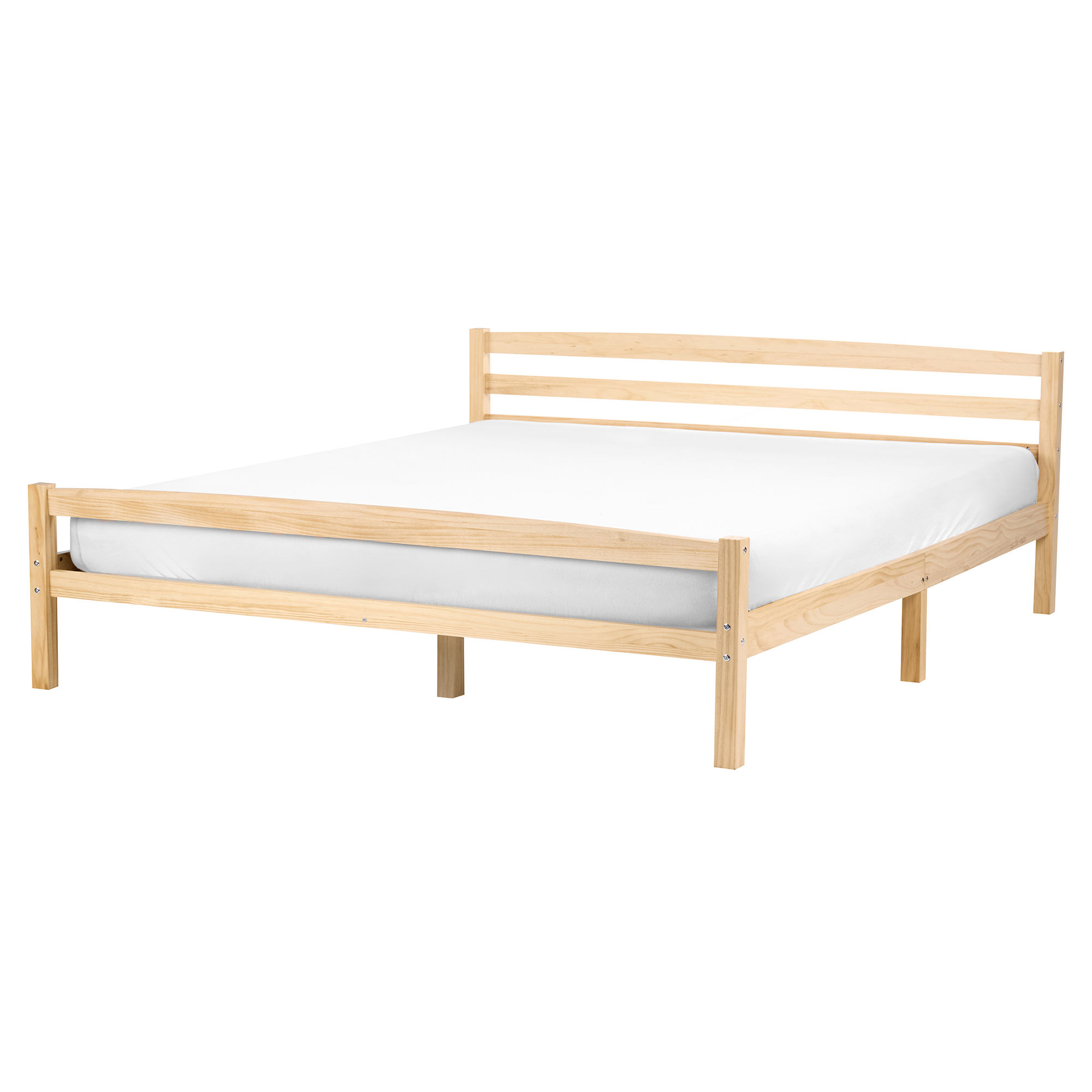 Un letto matrimoniale in legno con struttura chiara e materasso bianco su sfondo bianco.