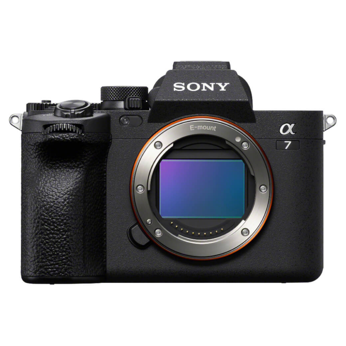 Cámara sin espejo Sony Alpha 7 negra con montura E y sensor visible sobre fondo blanco.