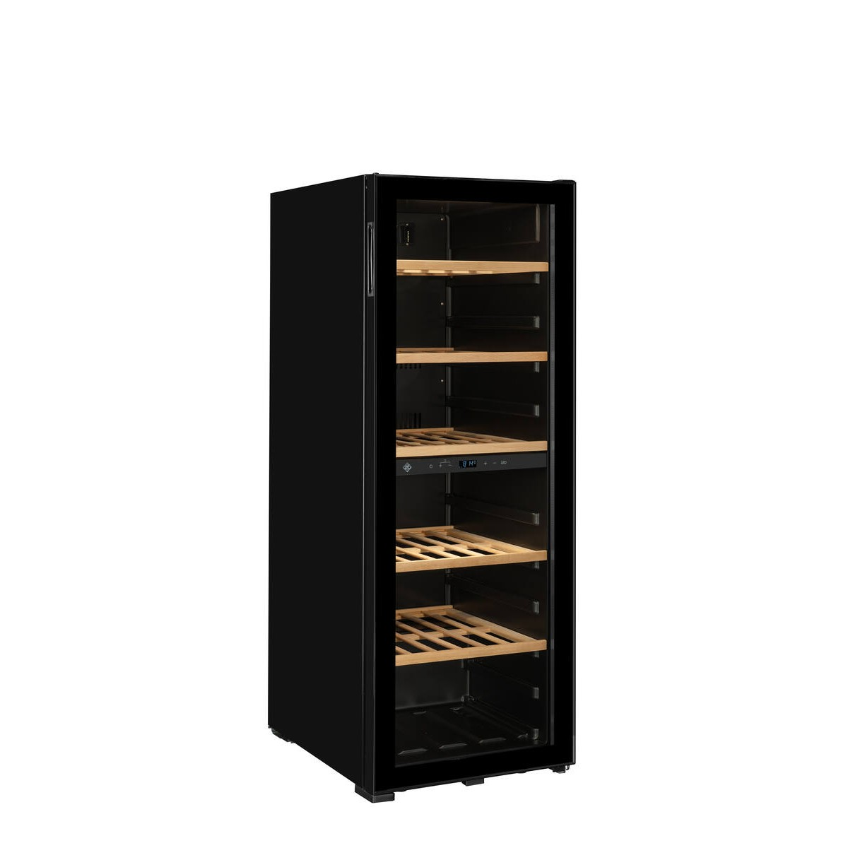 Vinoteca negra con puerta de cristal y estantes de madera sobre fondo blanco.